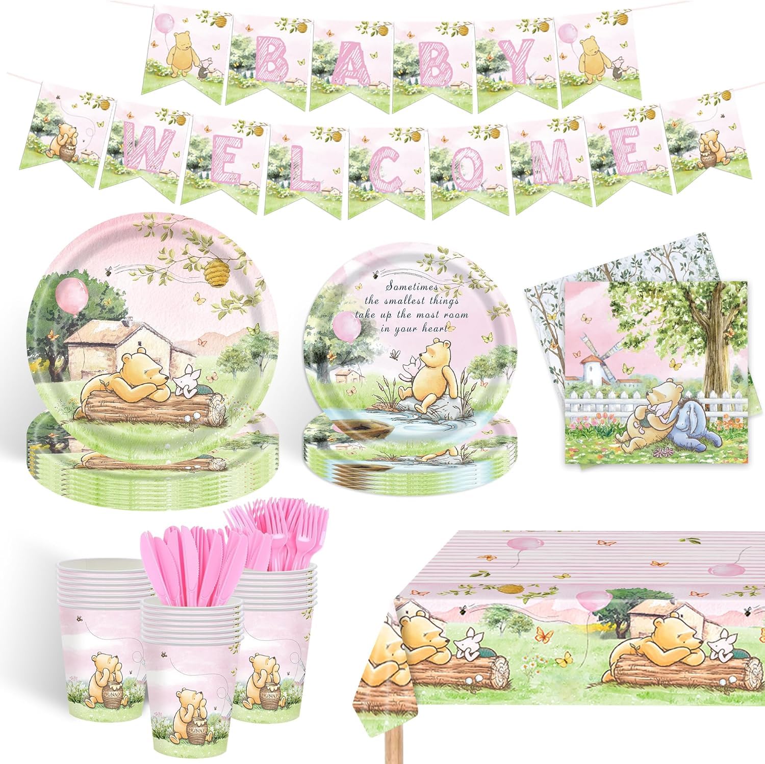 122Pcs Classic Bear Baby Shower Party Supplies For Baby Girls Kids1St First Birthday Pink Neutral Winnie Bear Themed Disposable