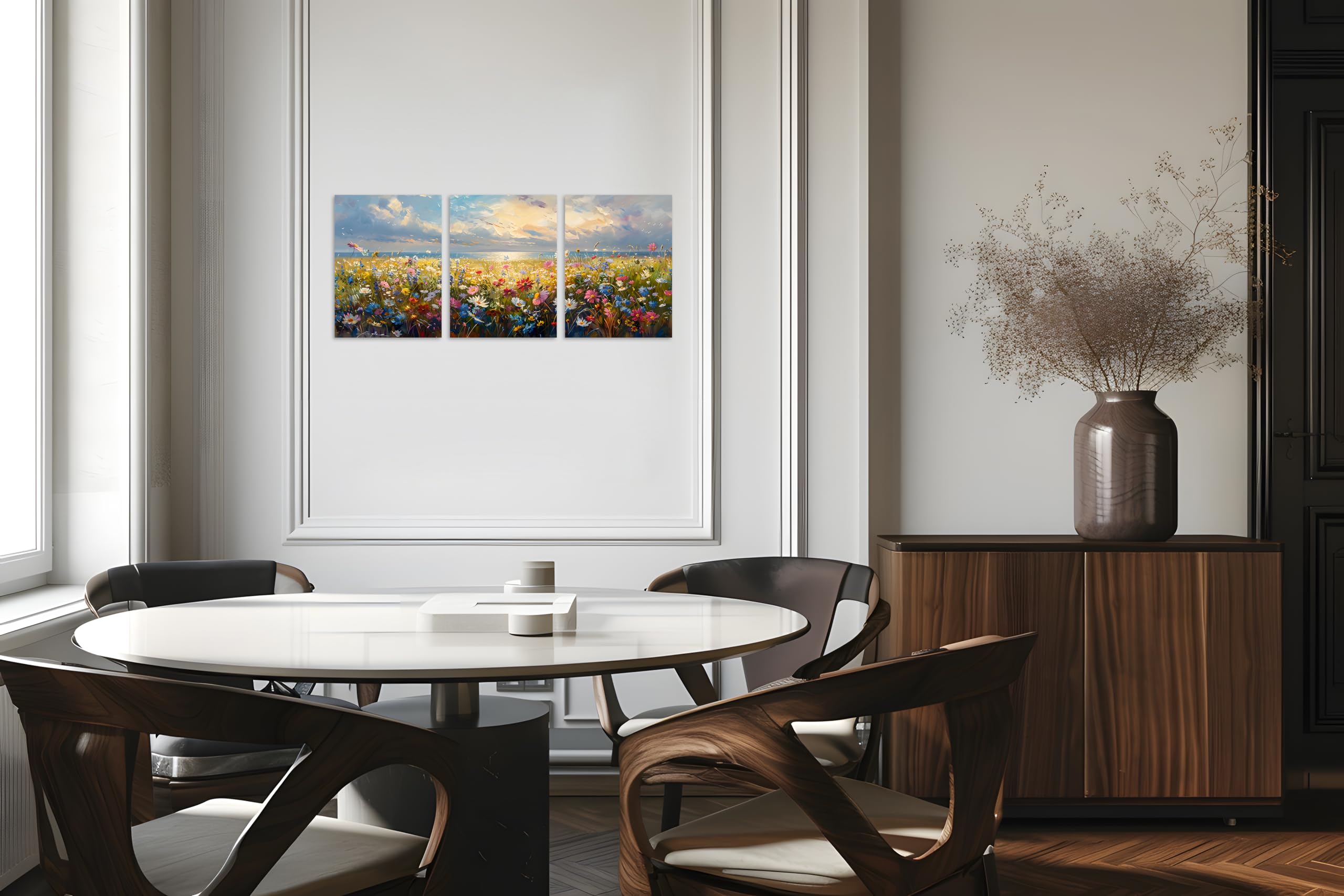 Tutubeer 3 Pcs Wildflower Field Artwork Rustic Wildflower Field At Beach Vintage Wall Art Canvas Prints Wild Flower Wall Art Rus