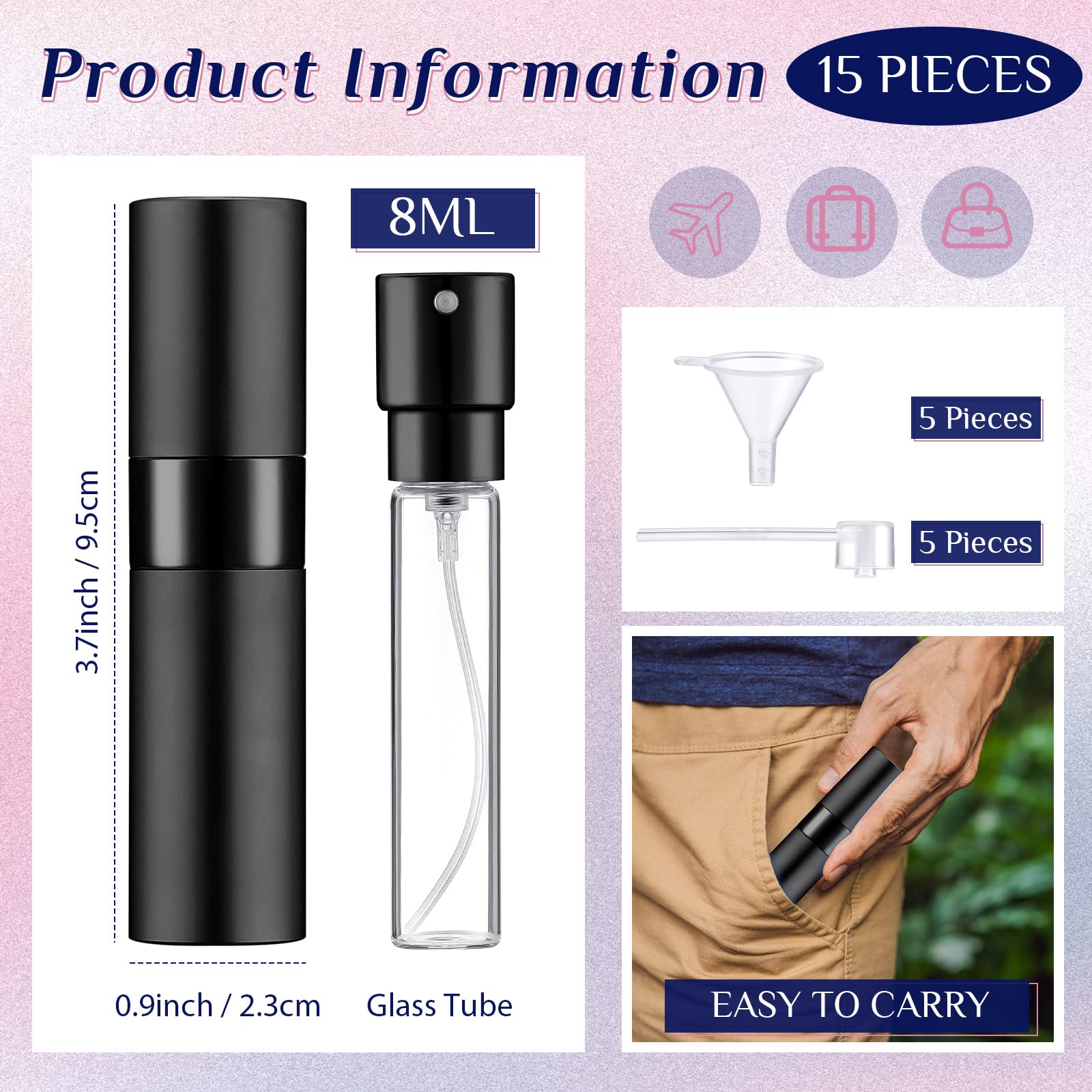 Remerry 15 Pcs 8 Ml Perfume Atomizer Refillable Small Perfume Spray Bottle Empty Travel Sprayer Portable Perfume Dispenser With