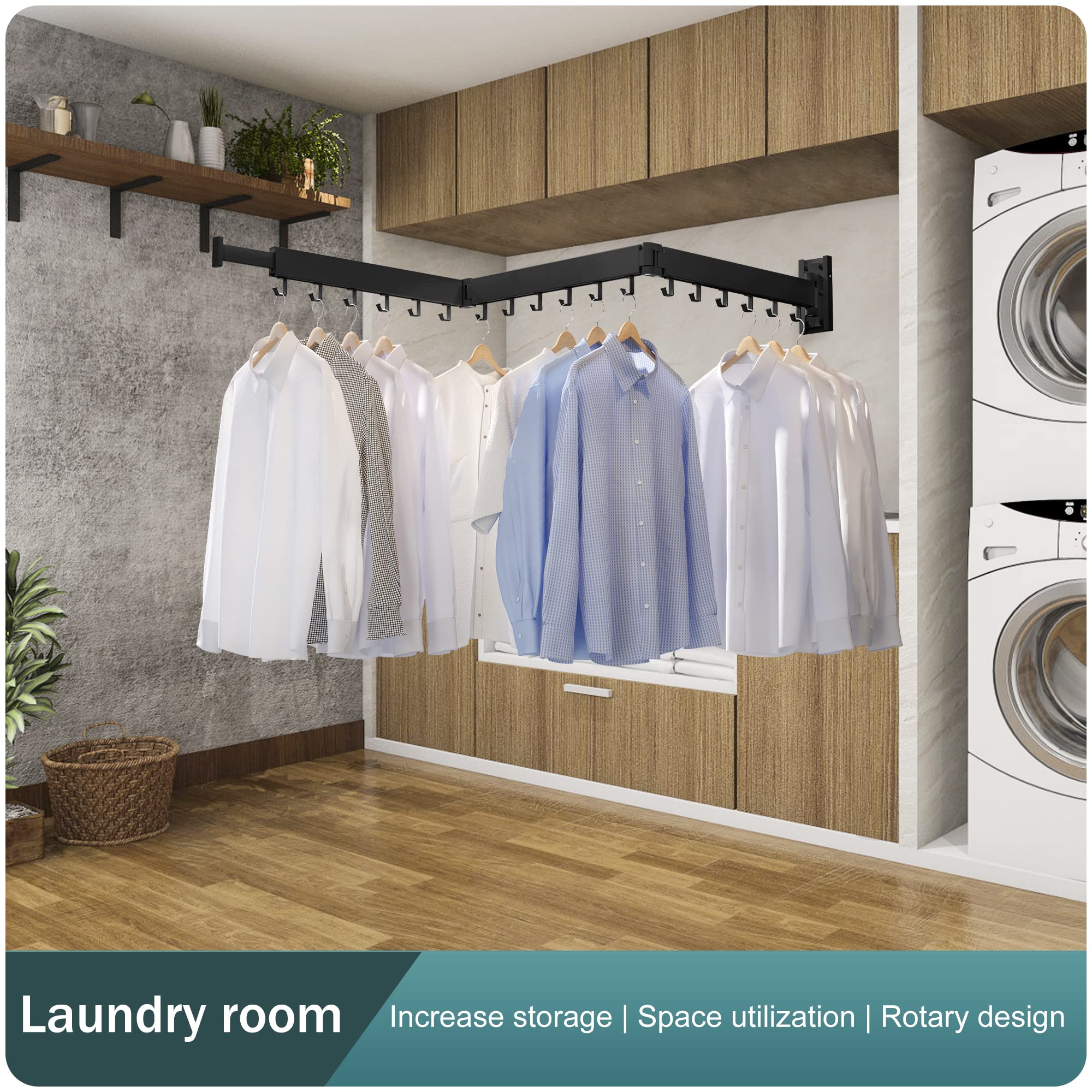 BOQORAD Wall Mounted Clothes Hanger Rack  Retractable Clothes Drying Rack Space-Saver  Laundry Drying Rack Collapsible  for Laundry Balcony  Mudroom  Bedroom Dark Grey Color sh-02