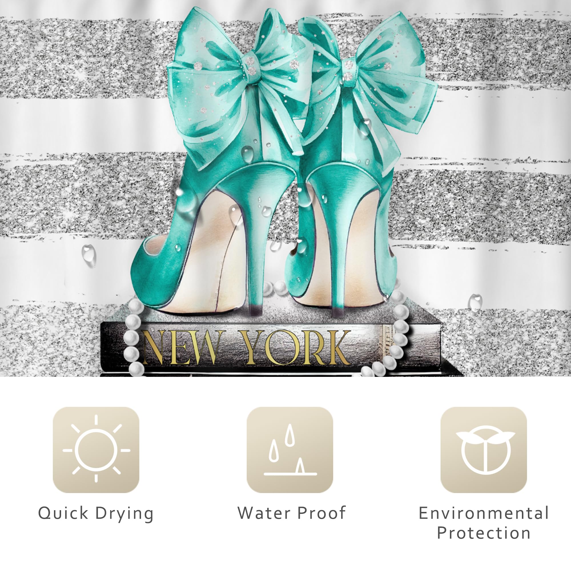 Riyidecor Fashion Women Shower Curtain 72Wx72H Inch Modern Teal Silver Magazine Book Girly White Stripe Rose Flower High Heel Ma