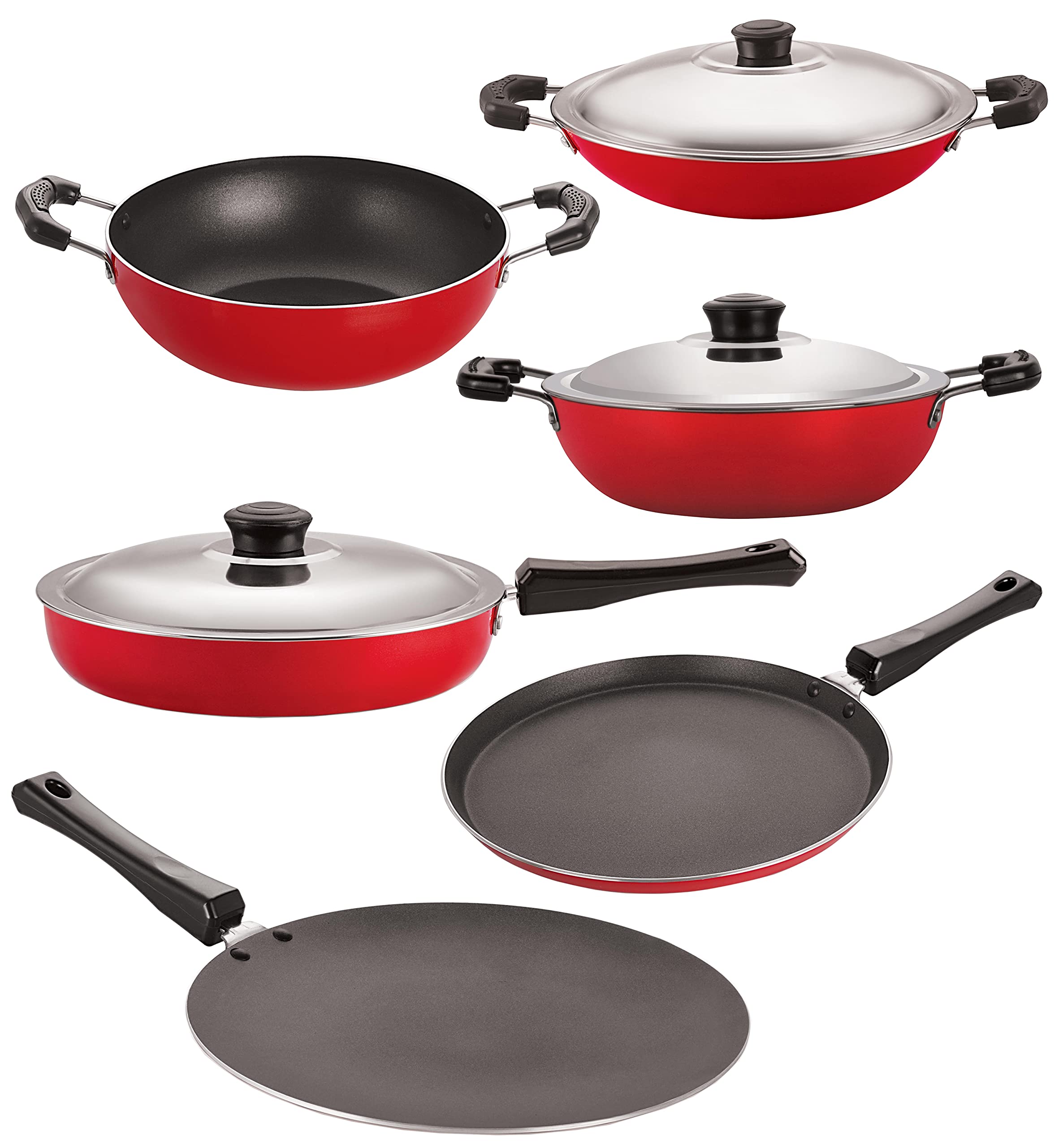 Nirlon NonStick Aluminium Cookware Set, 6Pieces, Red/Black (Ft12Ctfp12Dkdmkd12Ac_2)
