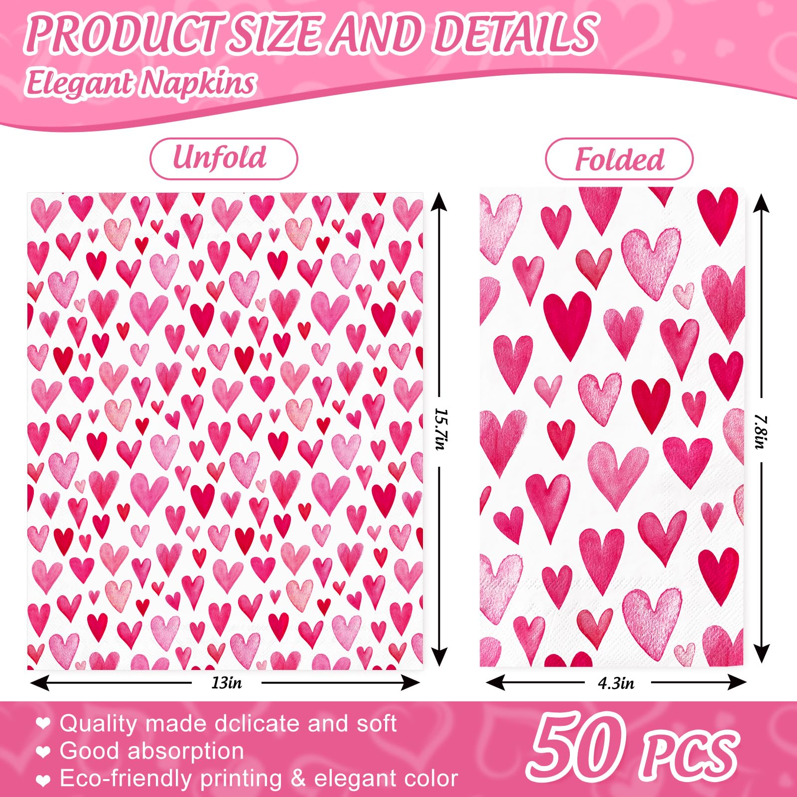 Anydesign 50Pcs Valentine'S Day Guest Napkins Disposable Pink Watercolor Heart Paper Napkins Sweet Love Dinner Hand Napkins For