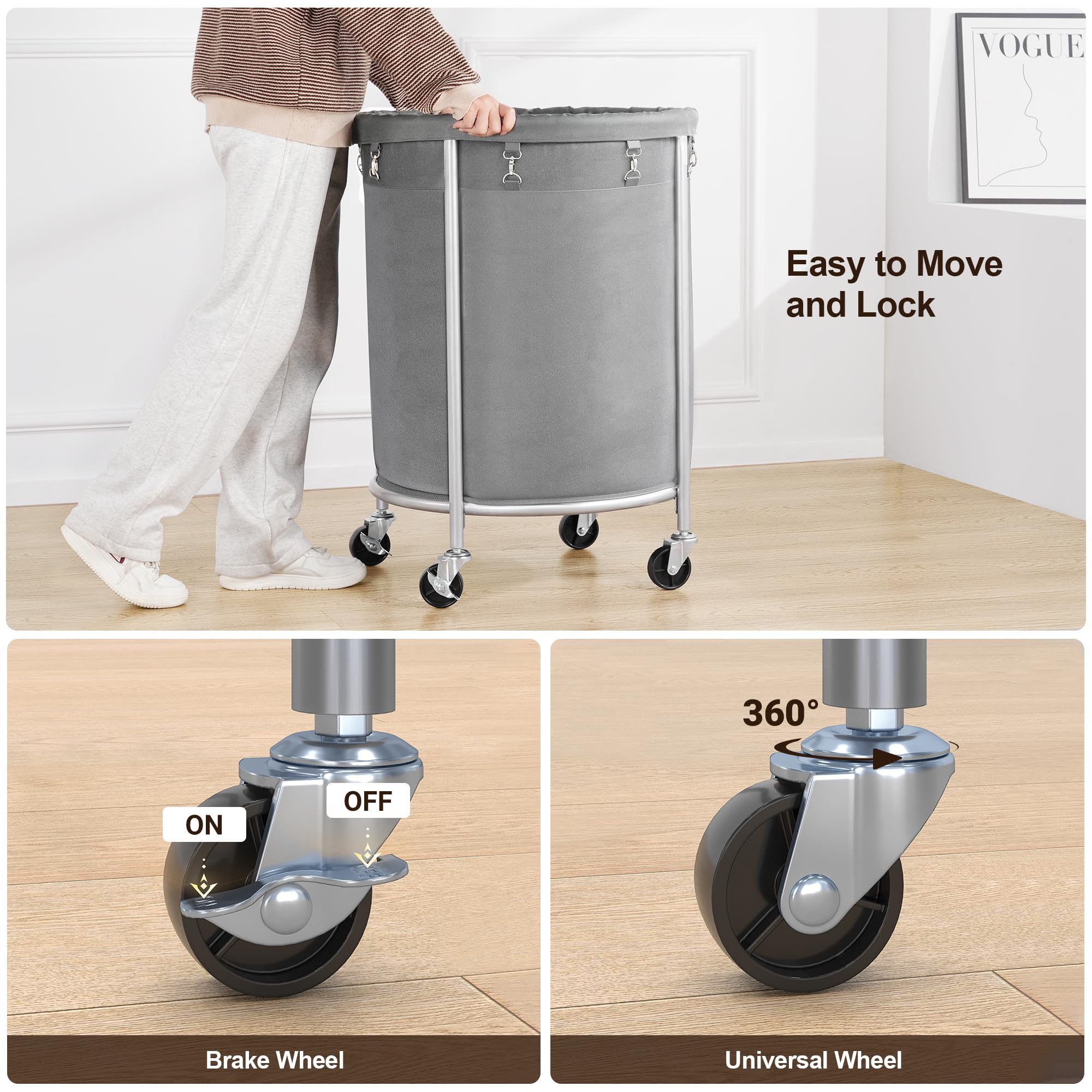 Elyken Laundry Basket With Wheels, 45 Gallons Rolling Laundry Hamper With Removable Bag And Steel Frame, Round Laundry Cart With