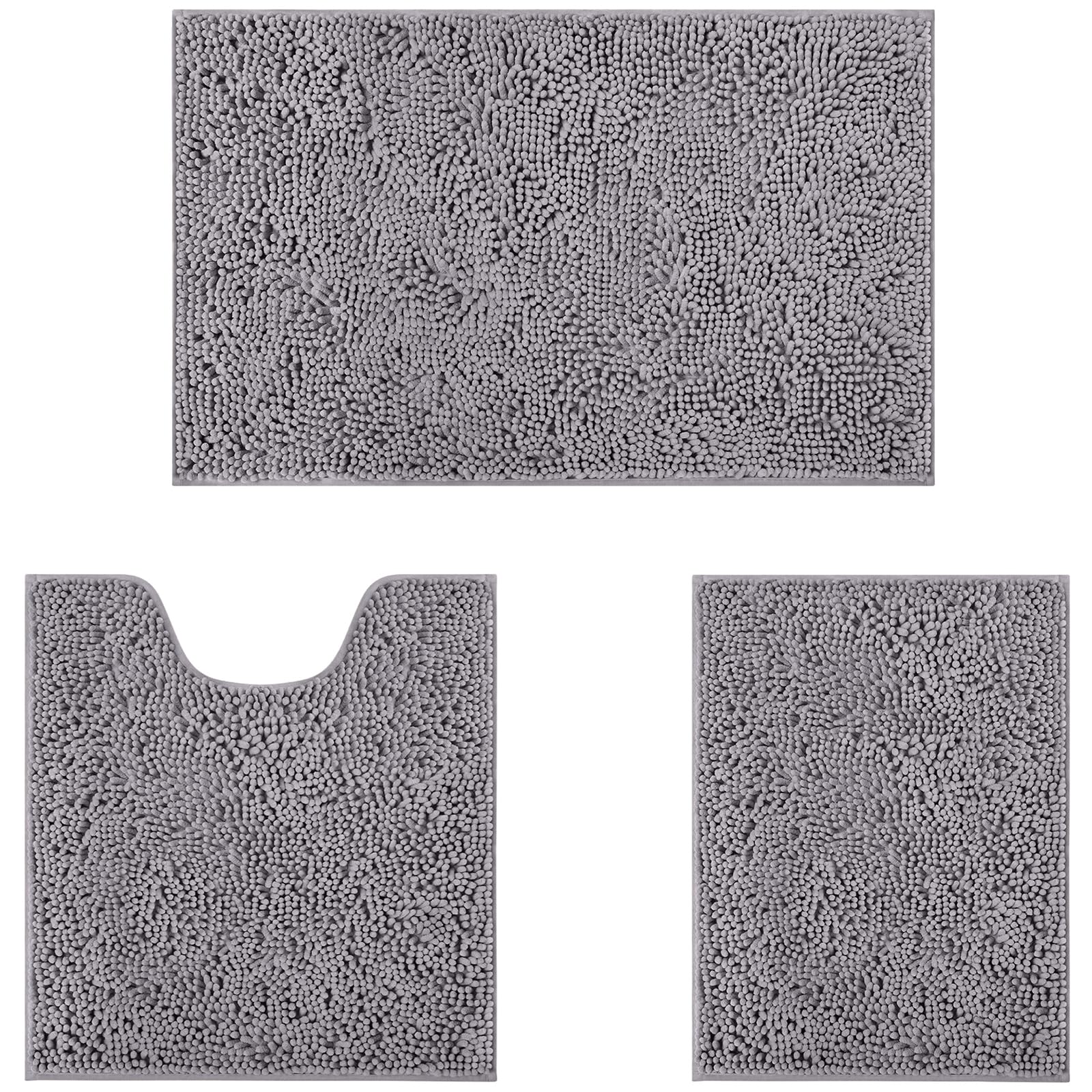 Homeideas 3 Pieces Bathroom Rugs, Ultra Soft Non Slip Absorbent Chenille Toilet Bath Mat Set (Grey)