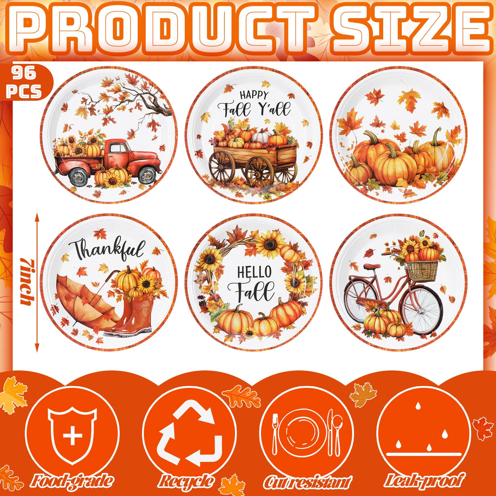 Fourluoo 96 Pcs Thanksgiving Pumpkin Paper Plates Disposable 7 Inch Pumpkin Dinner Plates for Thanksgiving Fall Party Birthday P