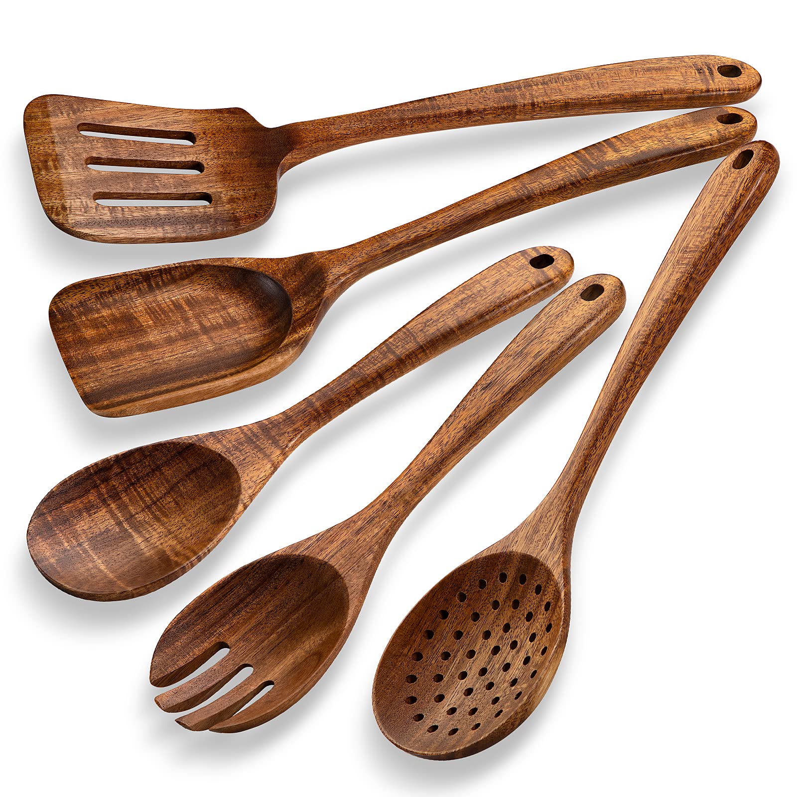 Tanaab Kitchen Wooden Spoons Utensils Set For Cooking, 5 Piece Acacia Wood Spoon Cooking Utensils Apartment Essentials Wooden Tu