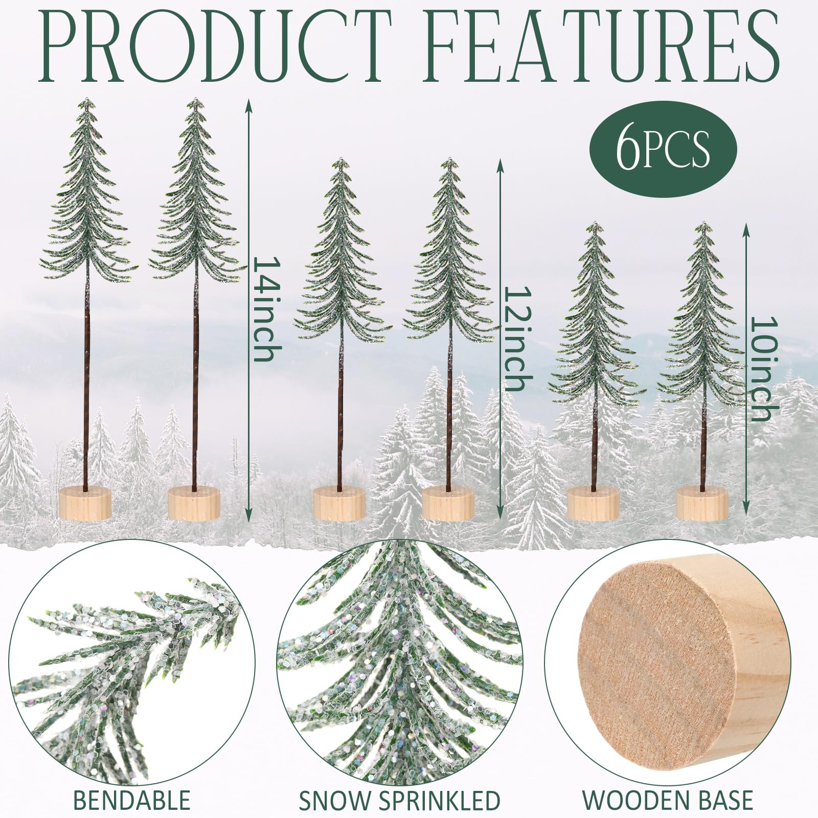 Jetec 6 Pcs Tabletop Mini Christmas Tree Small Alpine Trees Artificial Pine Christmas Tree with Wooden Base Snow Frost Trees or
