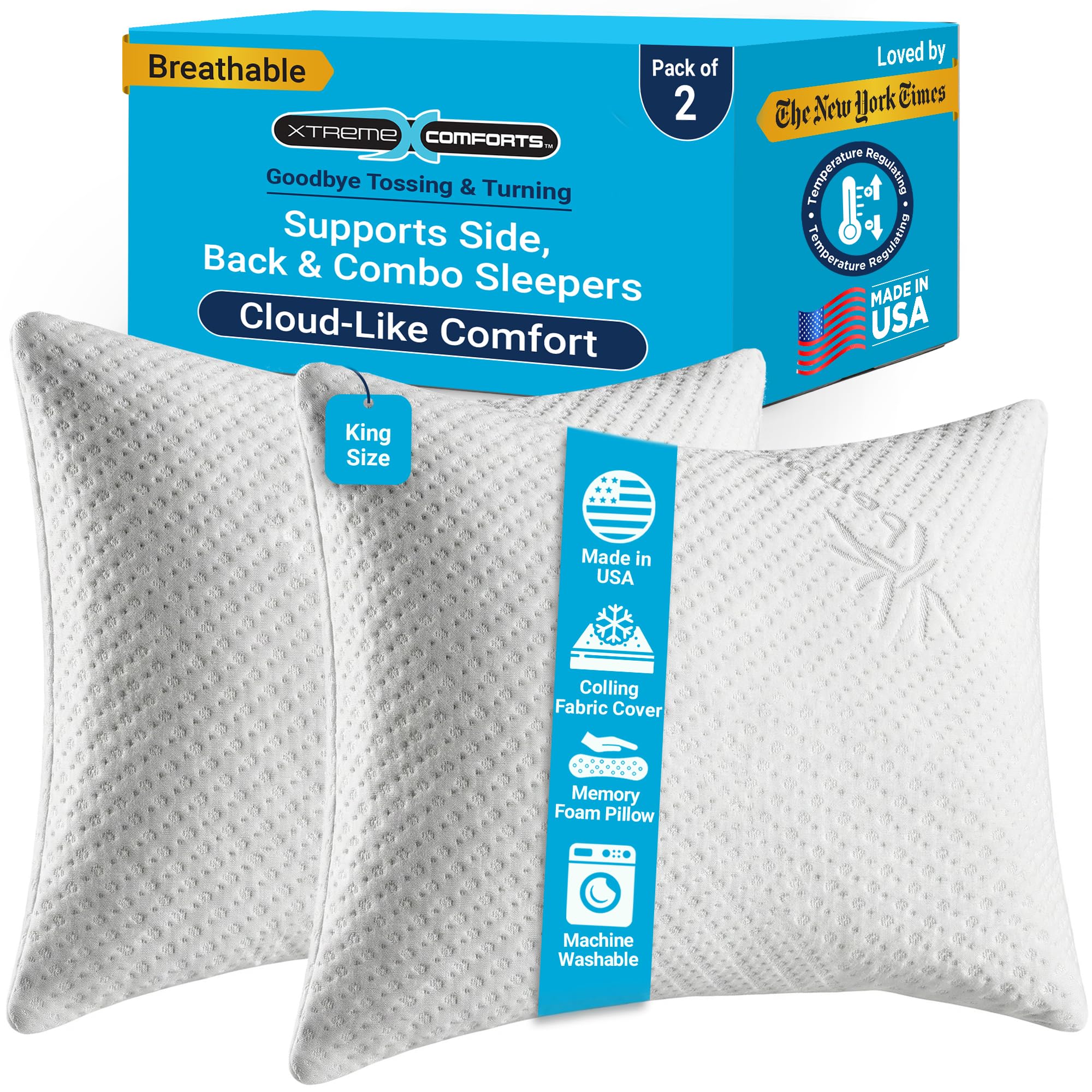 Xtreme Comforts Memory Foam Pillows Made In The Usa - King Size, Slim Cooling Pillow For Sleeping On Side, Back & Stomach - Firm