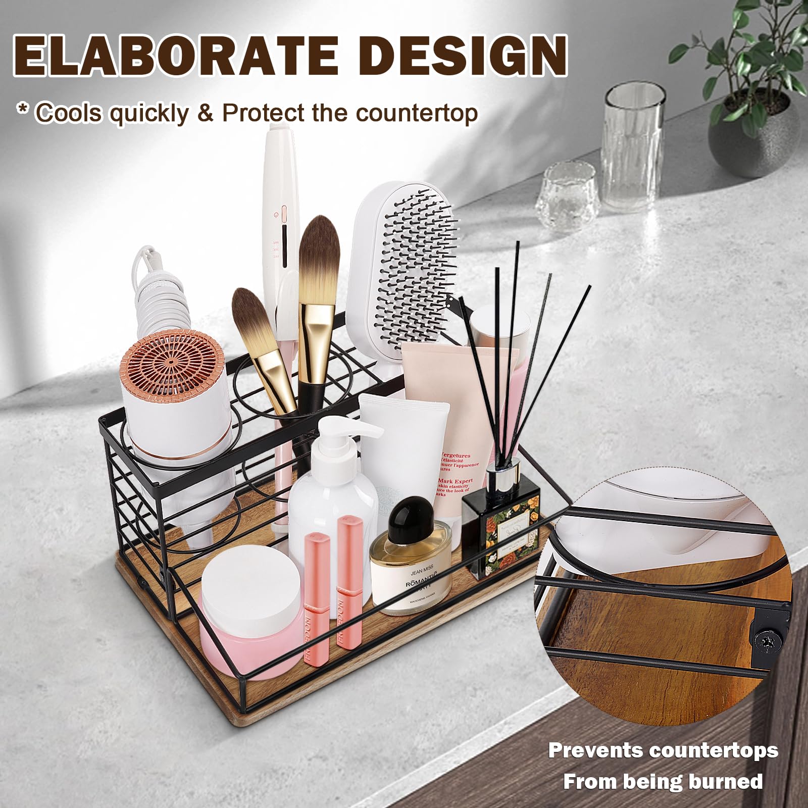 Siyzda Hair Tool Organizer, Movable Hair Dryer Holder, Hair Styling Tools Organizer Storage For Vanity, Black Bathroom Counter O