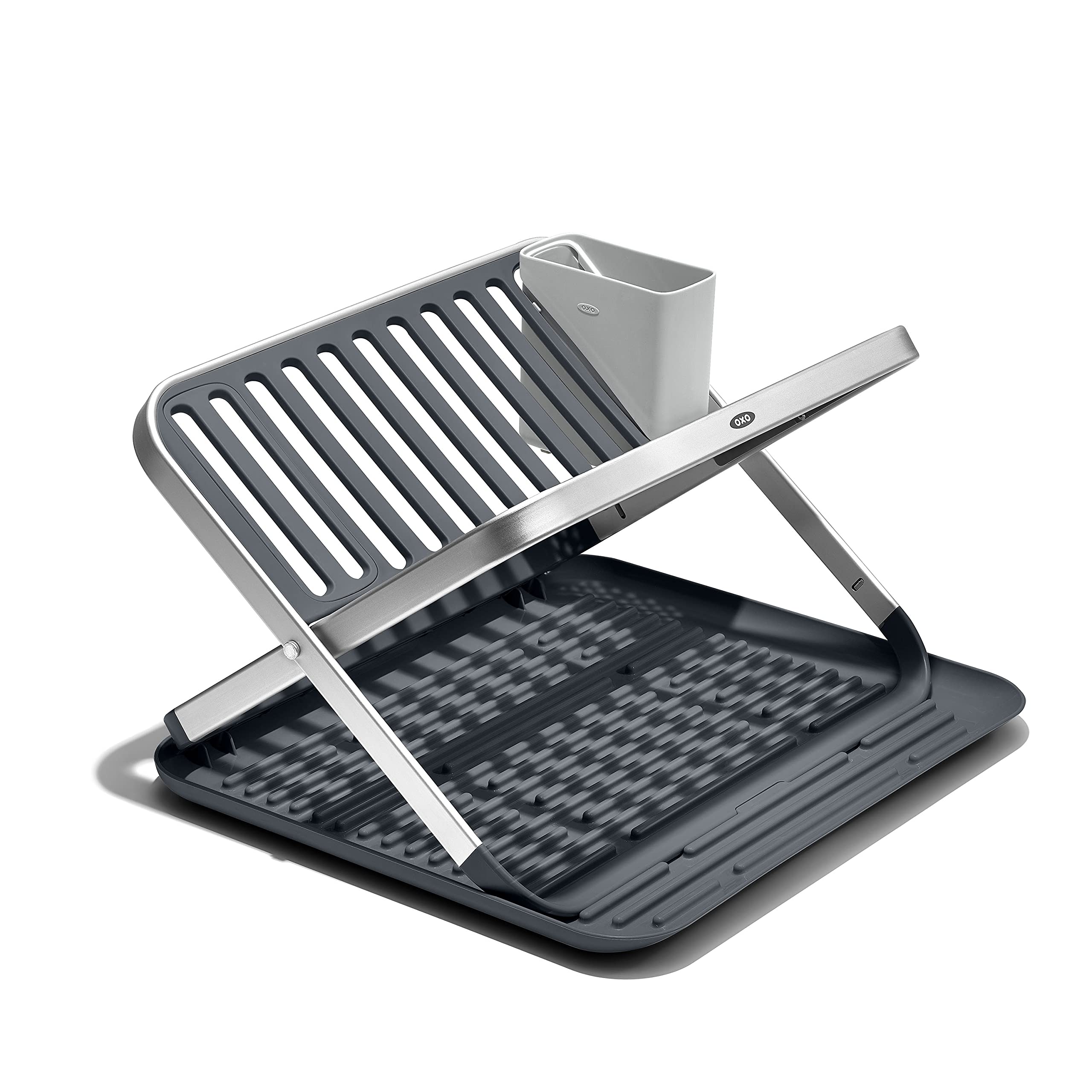 Oxo Good Grips Aluminum Fold Flat Dish Drying Rack, 2-Tier, With Drainboard, For Kitchen Counter, Collapsible