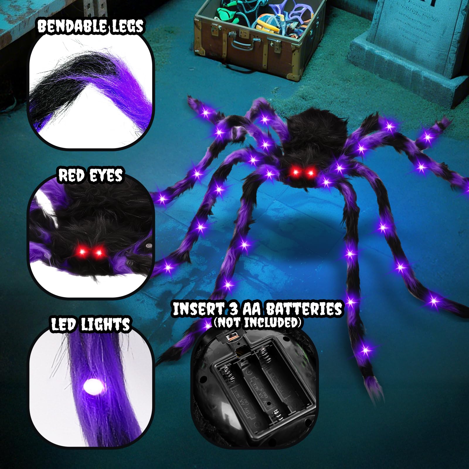 2 Pack 50 Halloween Light Up Spiders, Giant Hairy Spider Decorations with Green and Purple LED Lights Scary Indoor Outdoor Hallo