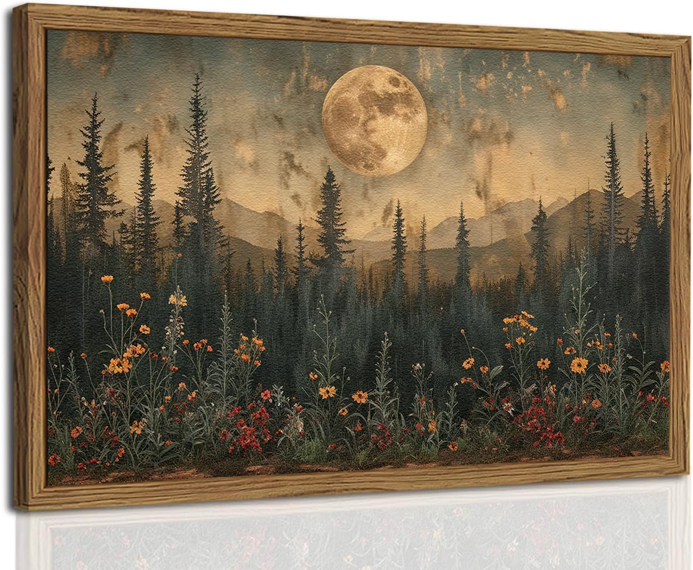 Vintage Moon Forest Wall Art, 3D Textured Nature Landscape Wall Decor Paintings, Hand Drawn Sandstone Woodland Wildflower Pictur