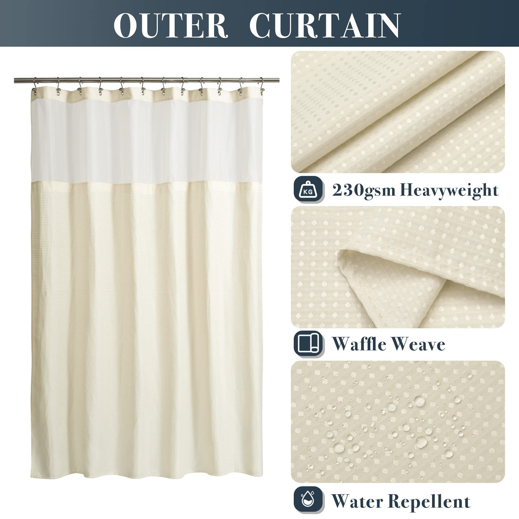 N&Y Home Extra Long Cream Waffle Weave Shower Curtain With Snap-In Fabric Liner & Hooks Set - 71'' X 84'', Hotel Style & Mesh To