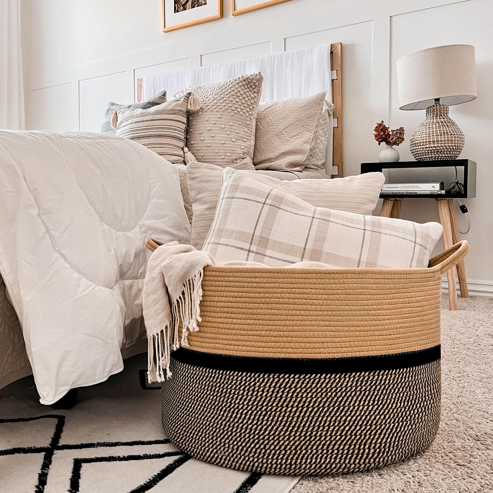 CHICVITA XXL Extra Large Cotton Rope Woven Basket  Throw Blanket Storage Basket with Handles  Decorative Clothes Hamper - 22'' x 22'' x 14''  Black