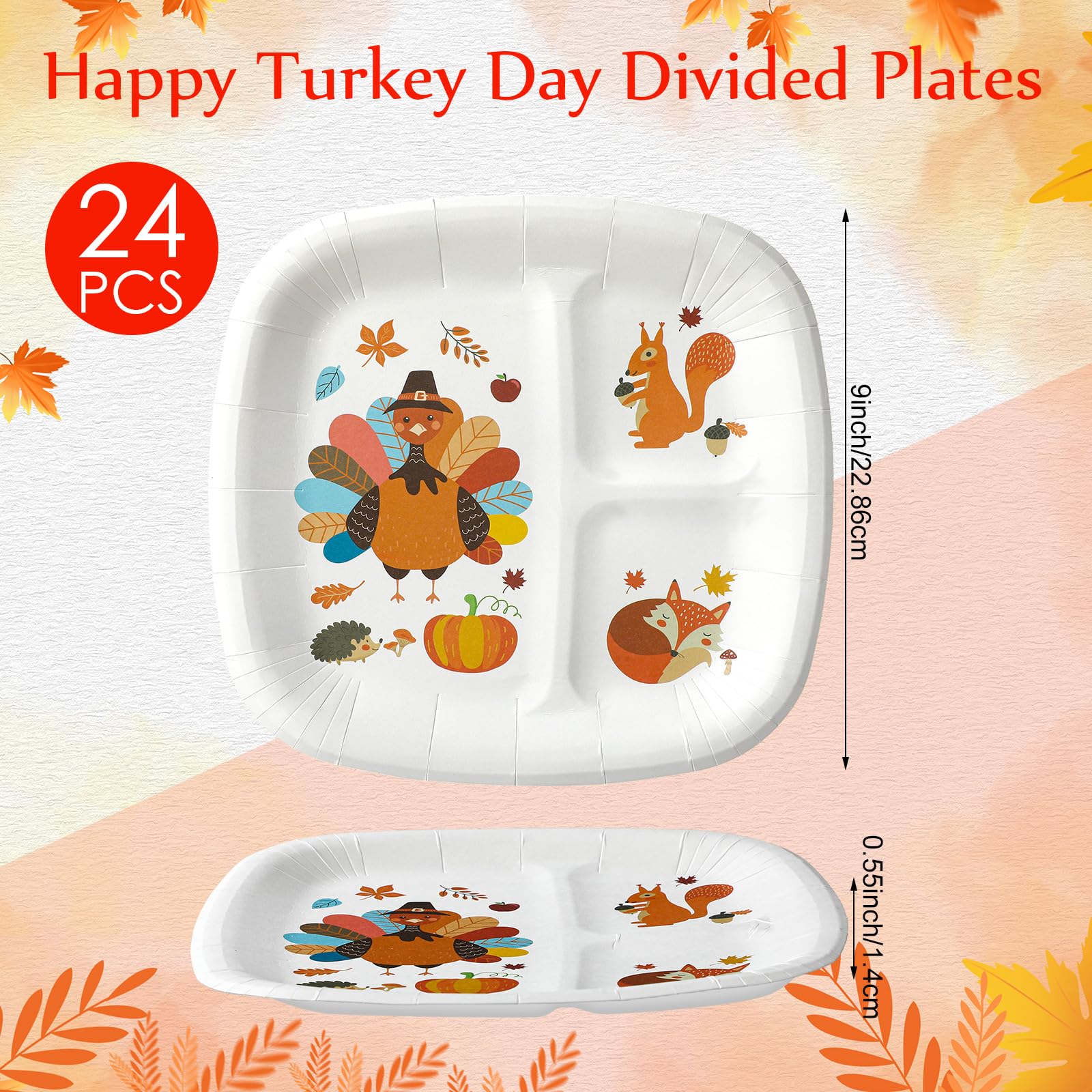 Havawish 60 Pack Thanksgiving Divided Plates for Kids and Napkins Set 24 Pcs Happy Turkey Day Paper Plates 36 Pcs Give Thanks Di