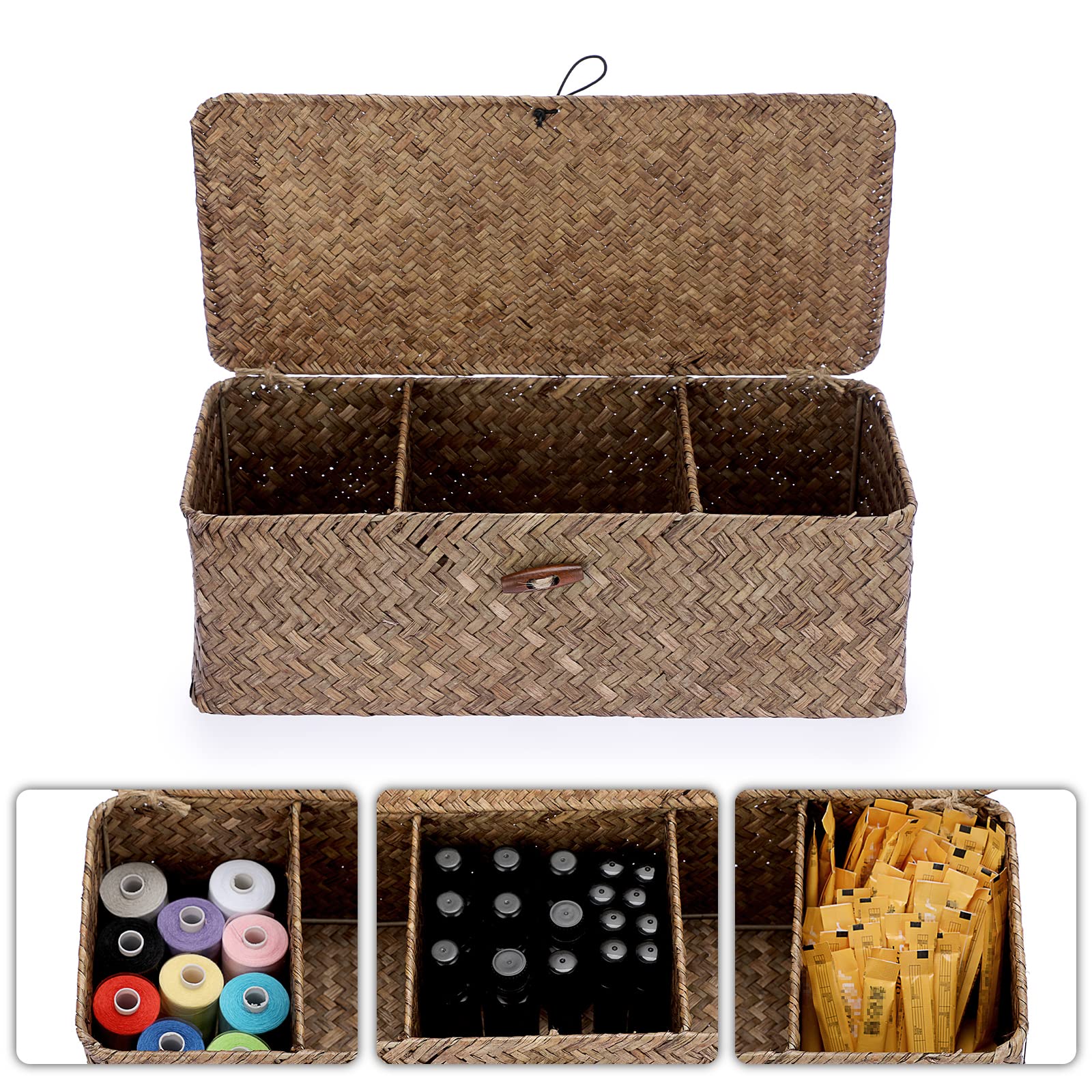 Hipiwe Storage Basket With Lid 3 Compartment Toilet Tank Toilet Paper Basket Holder Handwoven Wicker Basket Home Organizer Bin F