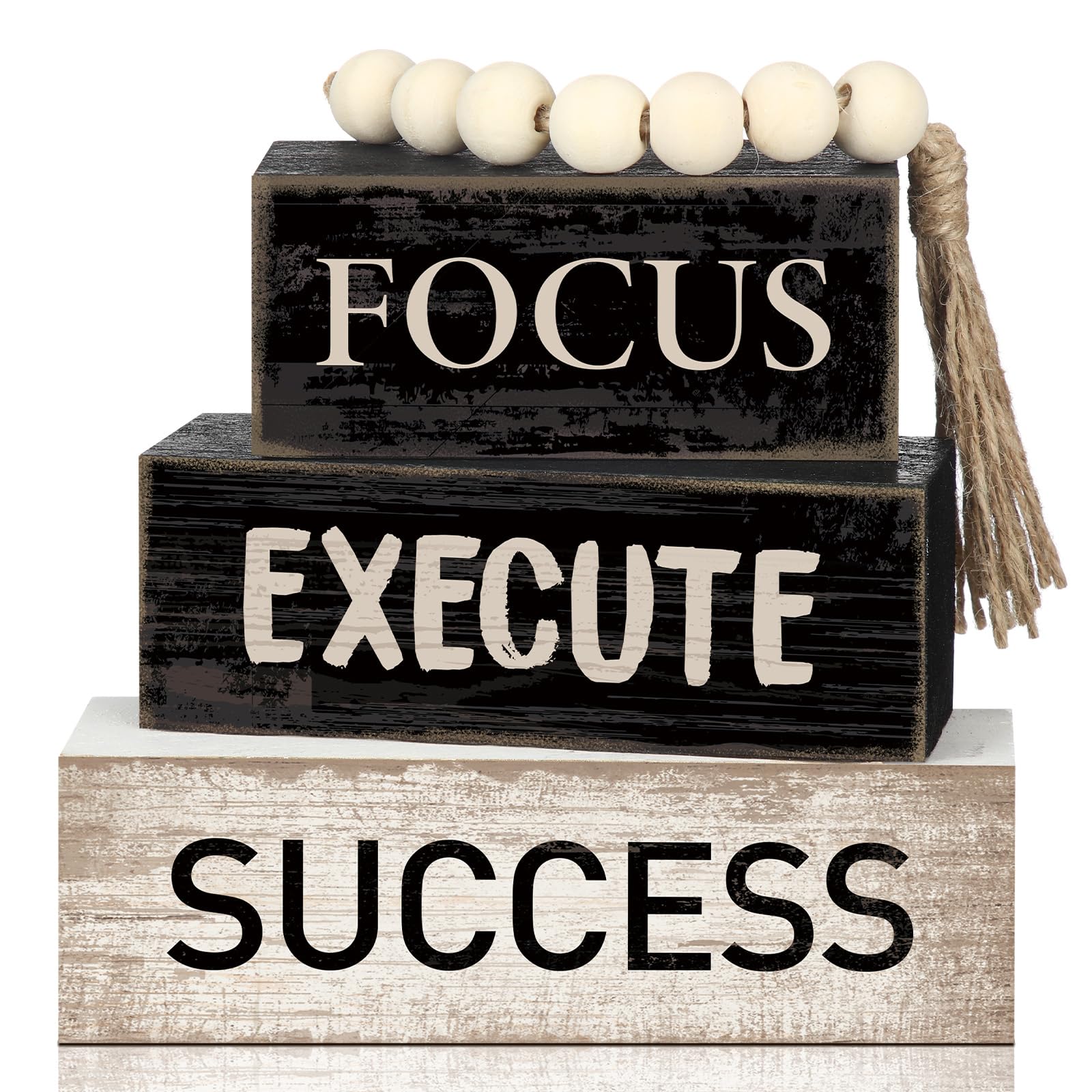 Yuntau 4 Pcs Motivational Wooden Tabletop Decor Inspirational Tiered Tray Decor Rustic Retro Wood Bead Garland Focus Execute Suc