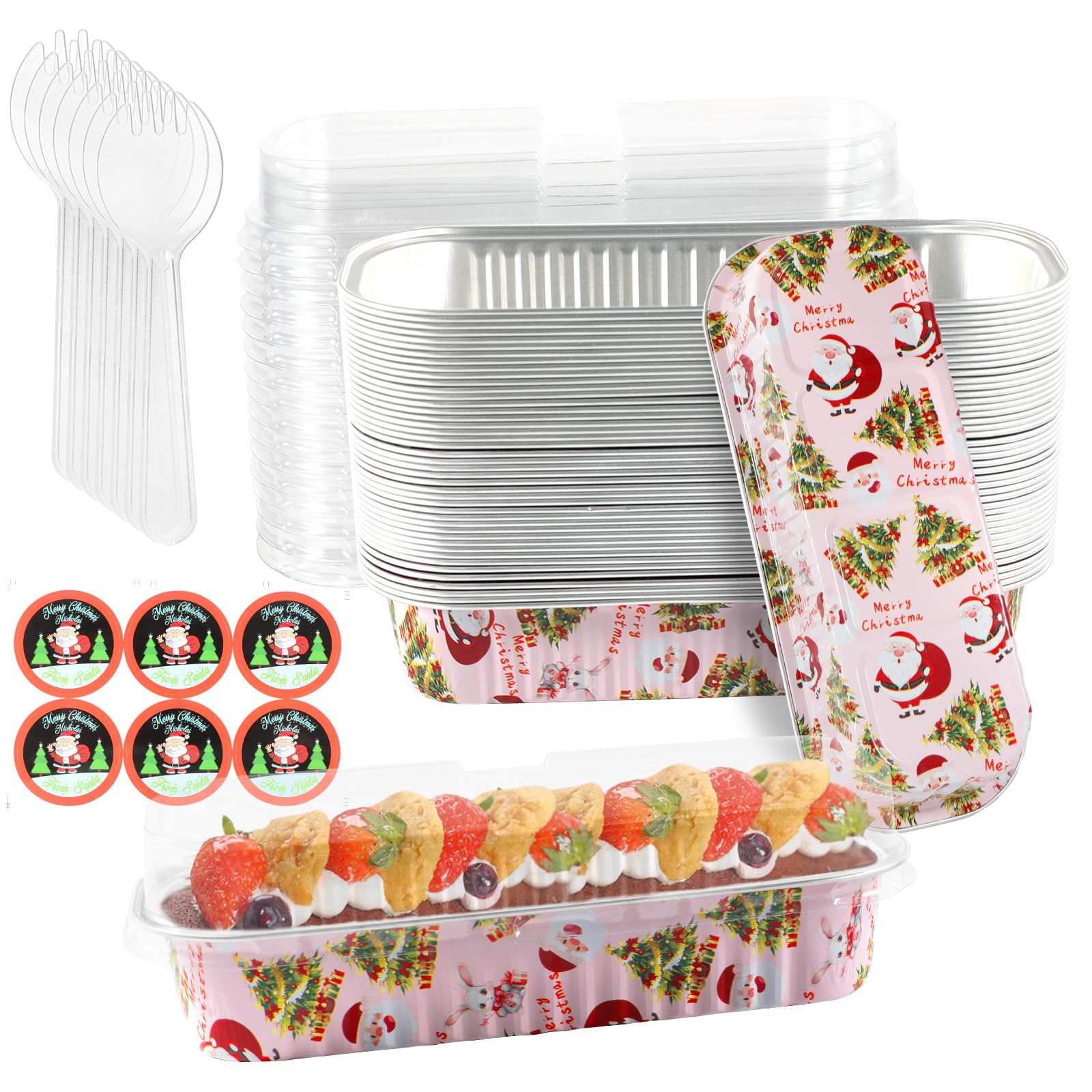 ylnurac 50Pack Pink Christmas Mini Loaf Pans with Lids Mini Cake Pans with Lids and Spoons, 6.8Oz Aluminum Foil Pans Tins, Indiv
