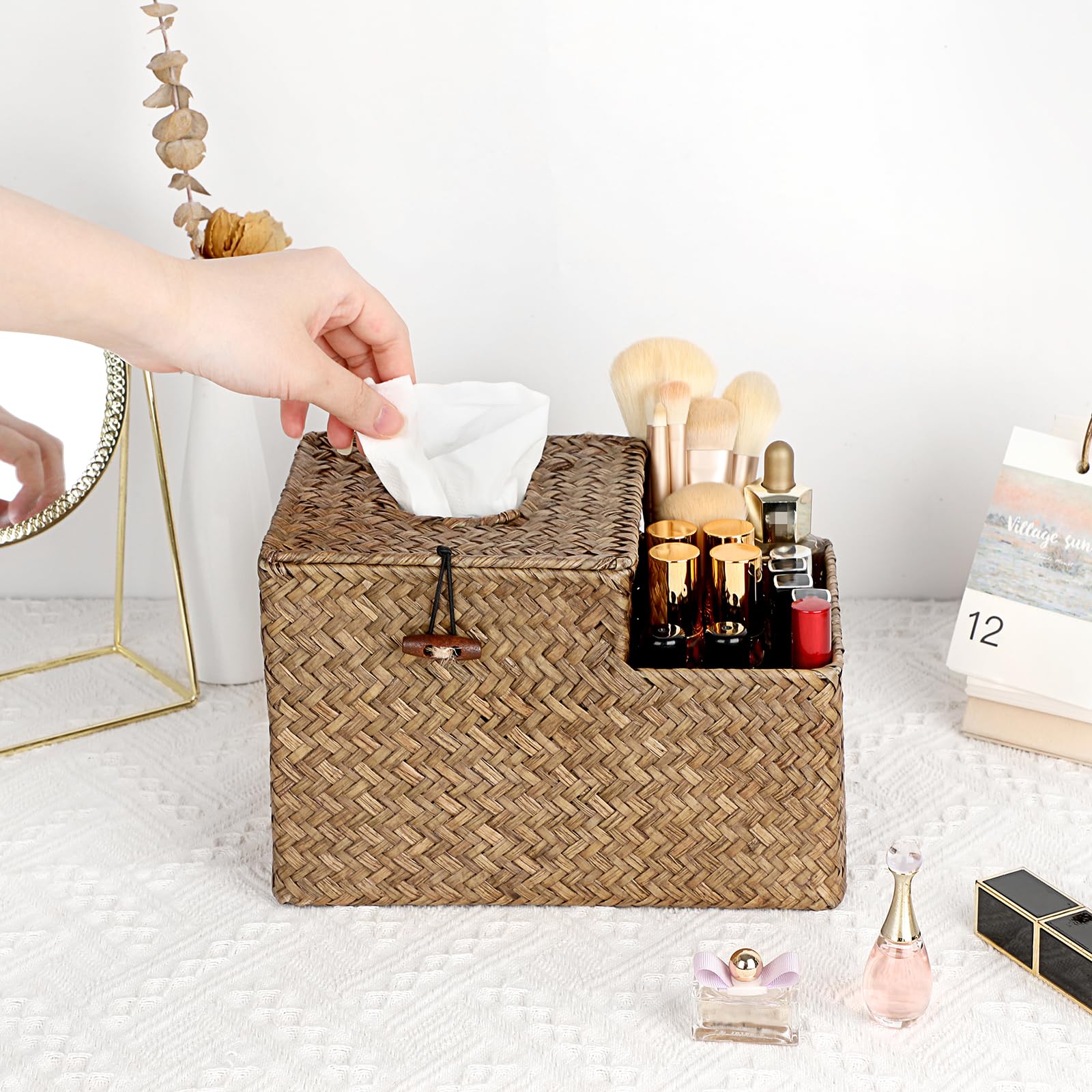 Sumnacon Tissue Box Cover Square Tissue Box Woven Seagrass Tissue Box Holder With Side Organizer, Rustic Tissue Holder For Livin