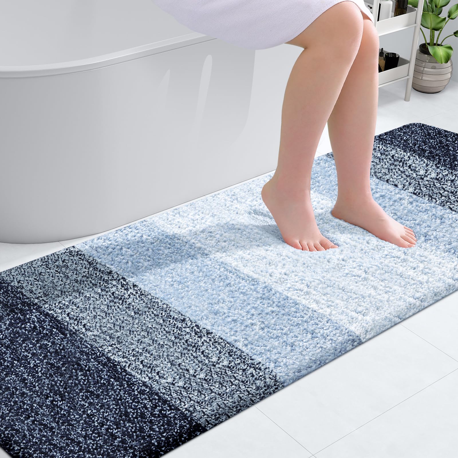 OLANLY Luxury Bathroom Rug Mat 70x24  Extra Soft and Absorbent Microfiber Bath Rug  Non-Slip Plush Shaggy Bath Carpet Runner  Machine Wash Dry  Bath Mats for Bathroom Floor  Tub and Shower  Navy Blue