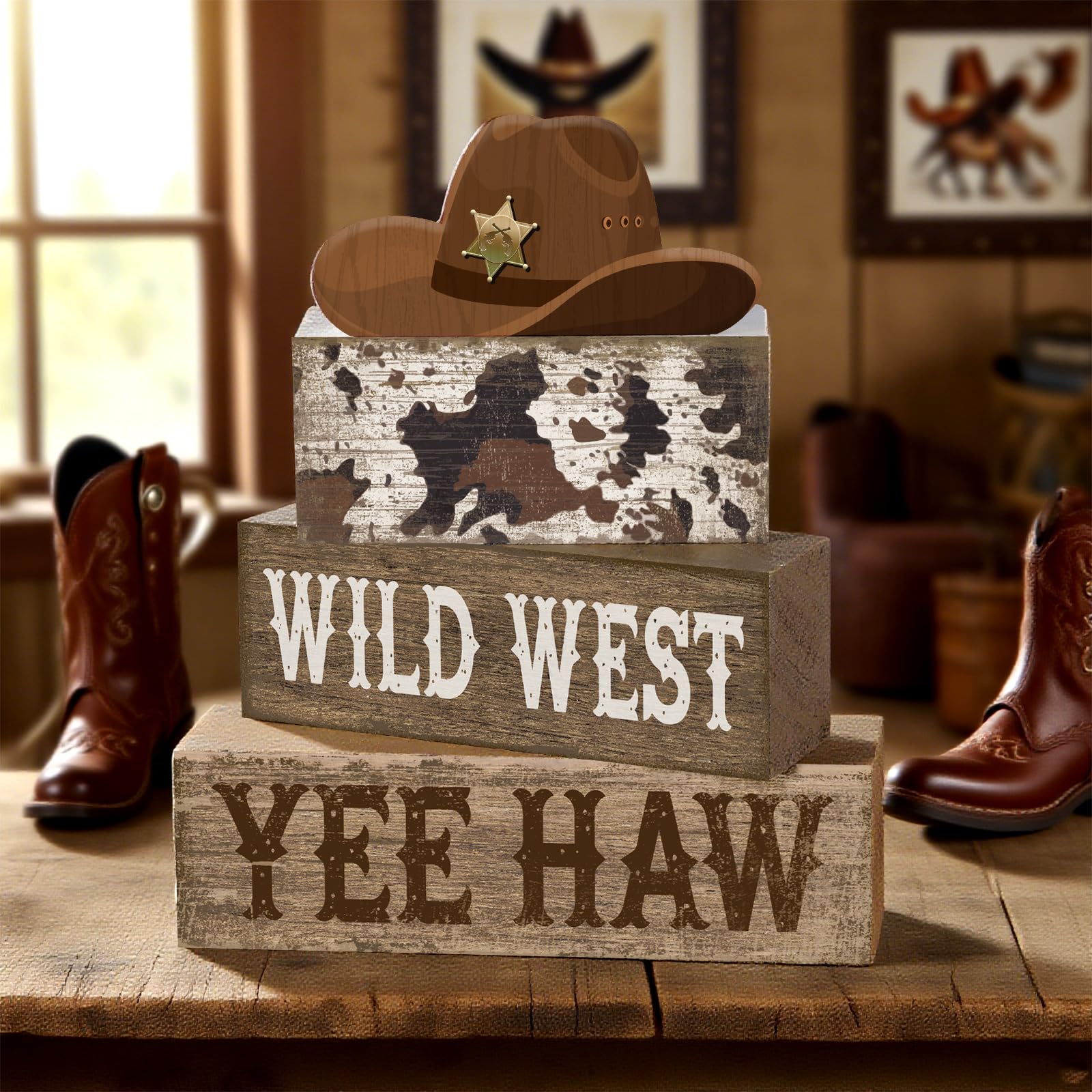 Yuntau 4 Pcs Western Tiered Tray Decorations Set Cowboy Hat Stack Block Signs Desert Farmhouse Rustic Tabletop Tiered Tray Decor