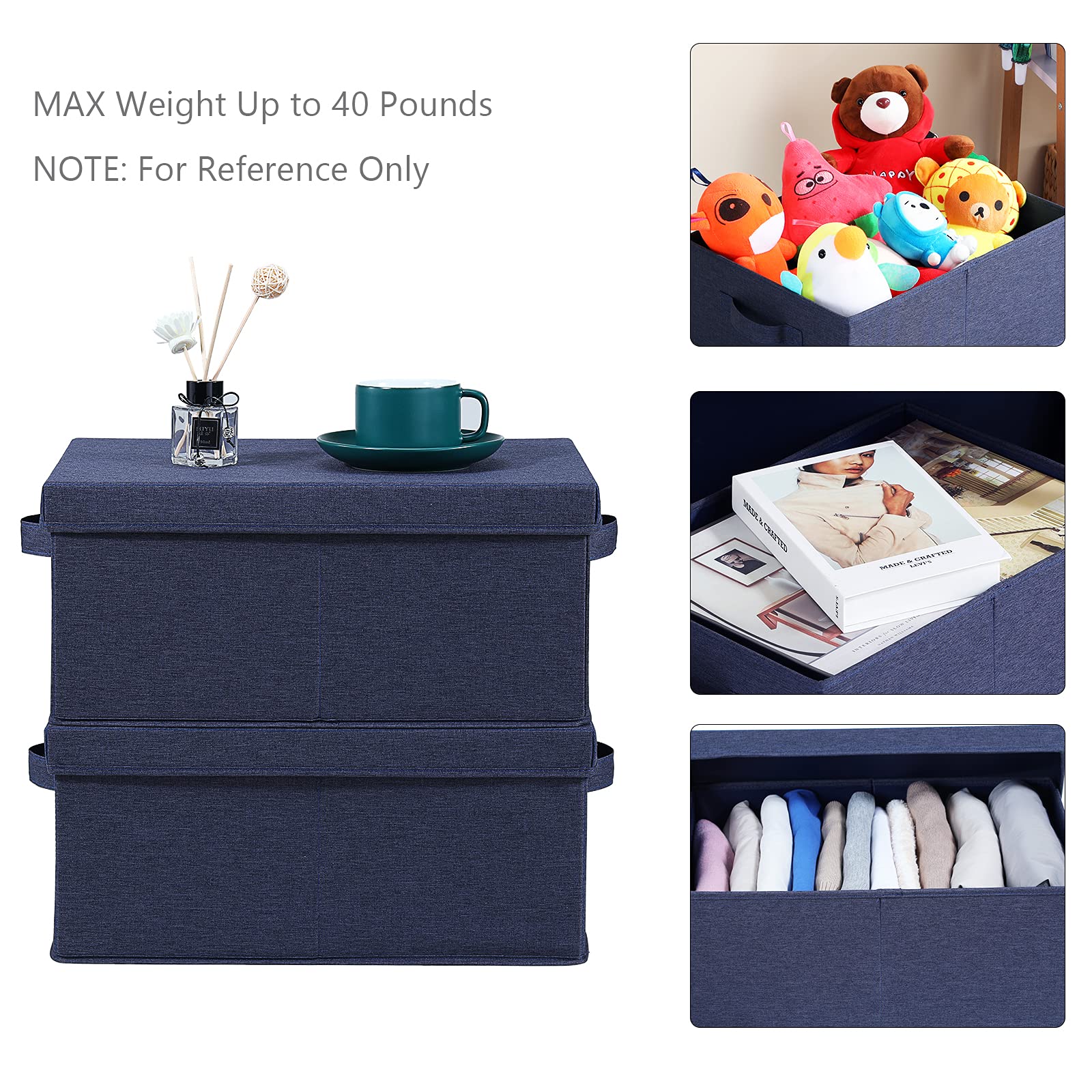 HOONEX Foldable Storage Bins with Lids  Pack of 2  Storage Boxes with 2 Carrying Handles and Study Heavy Cardboard  16.5'' L x 11.8'' W x 7.5'' H for Toy  Clothes  Nursery  Blue