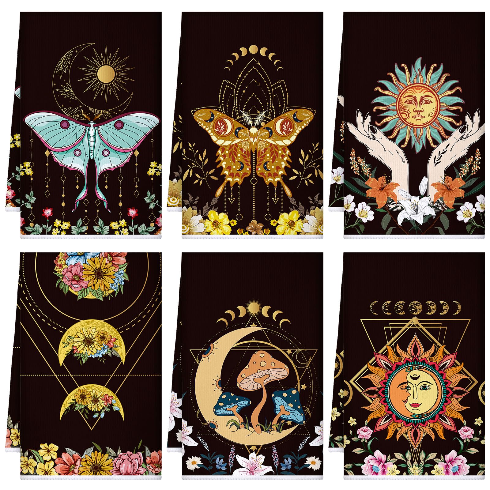 Boyiee Set Of 6 Witchy Kitchen Towels Boho Tea Towels Absorbent Mushroom Floral Dish Towels 24 X 16'' Gothic Dish Towels Sun Moo