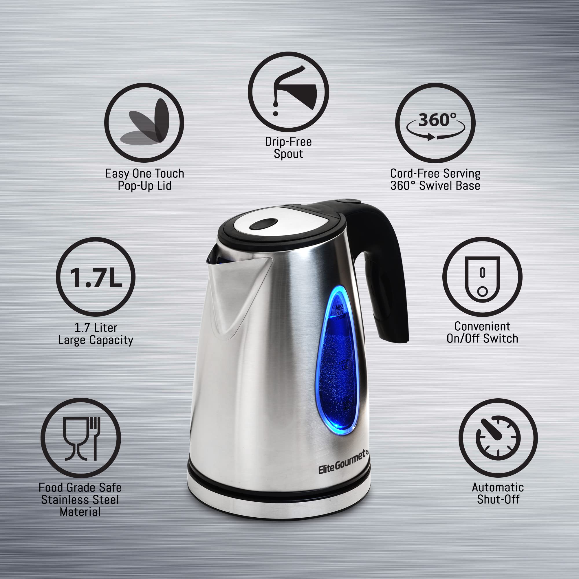 Elite Gourmet Ekt-1271# Ultimate 1.7 Liter Electric Kettle - Stainless Steel Design & Cordless 360 Base, Stylish Blue Led Interi