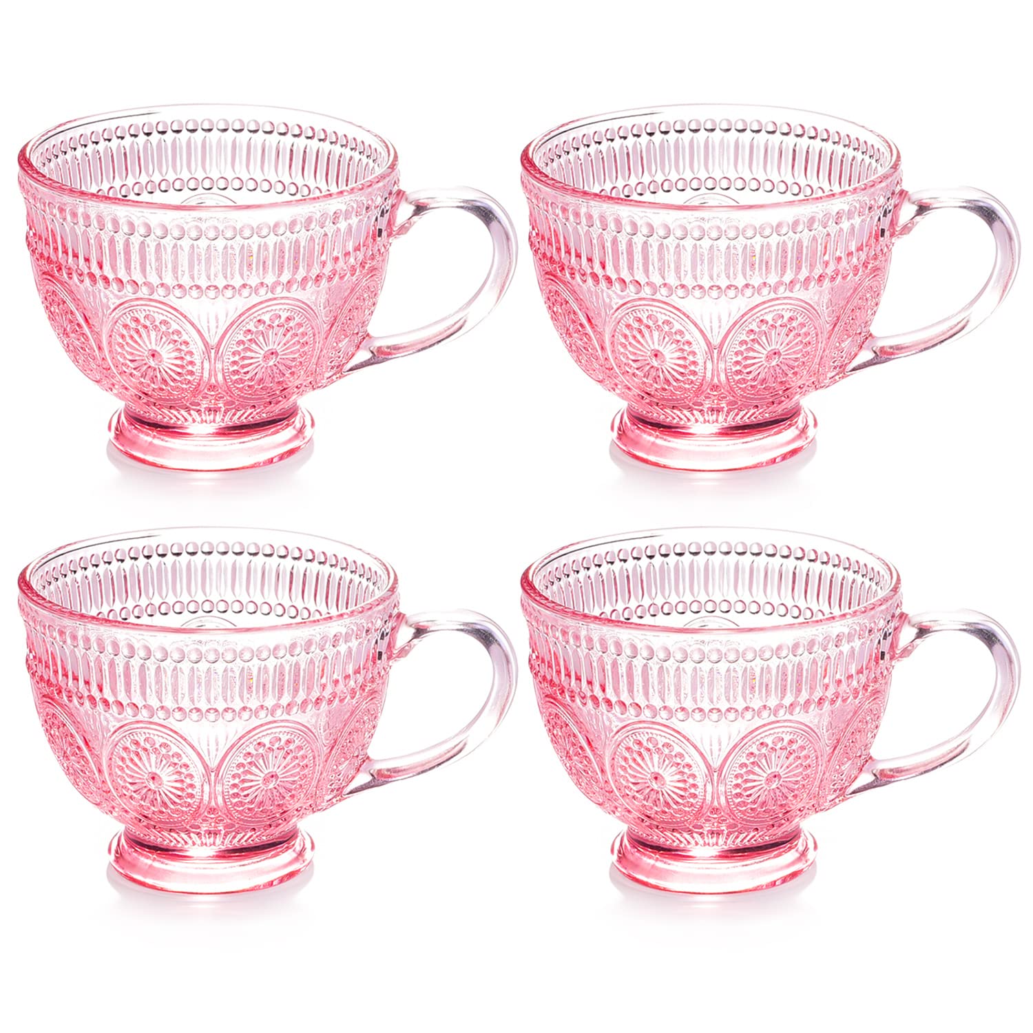 Vintage Glass Coffee Mugs with Handle14 oz Pink Embossed Glass Cups for Cappccino, Latte, Cereal, Yogurt, Tea, Milk (4)