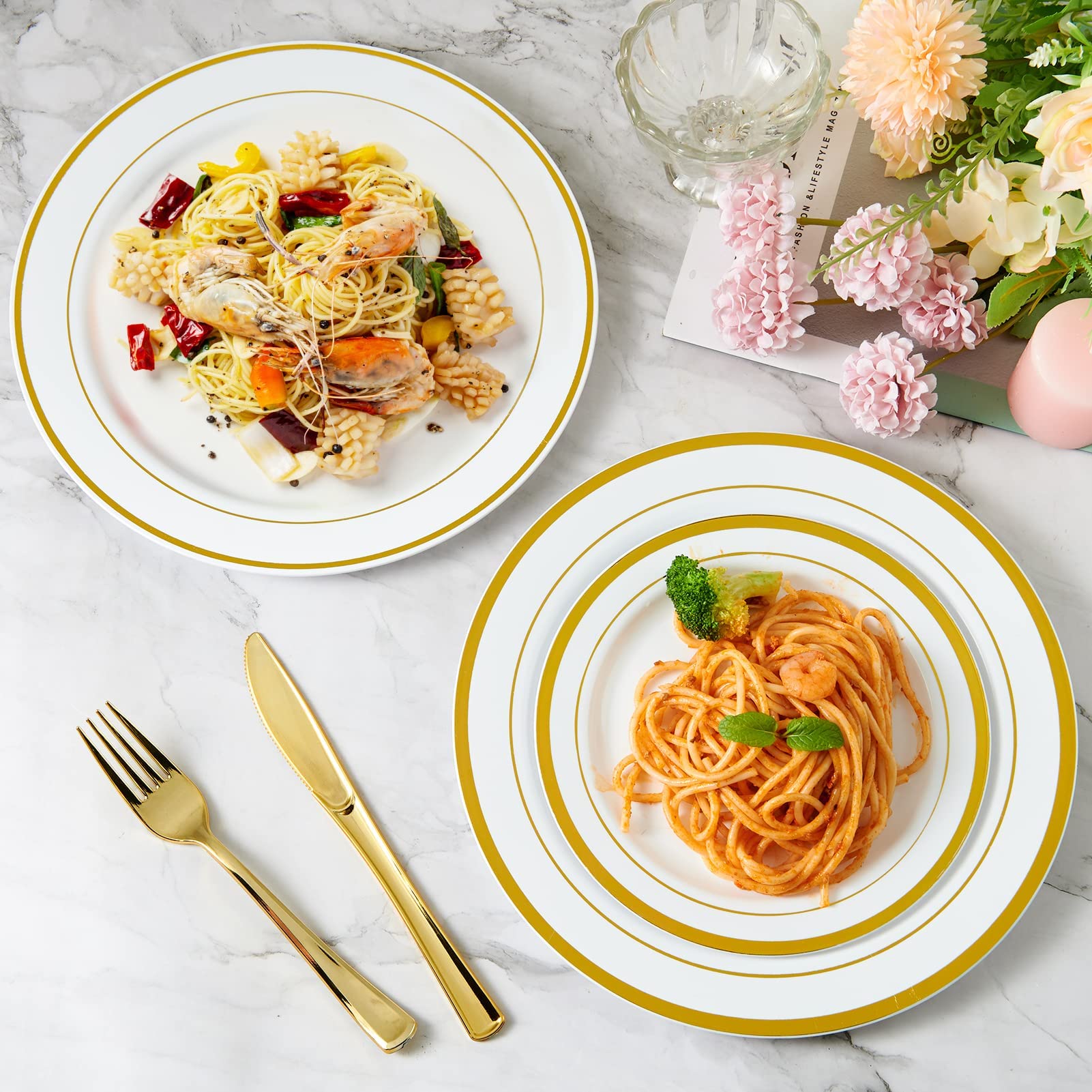 Jollypack 100 Piece Plastic Party Plates, Disposable Gold Plastic Plates, Include 10 Inch Disposable Dinner Plates 50Pcs And 7 I