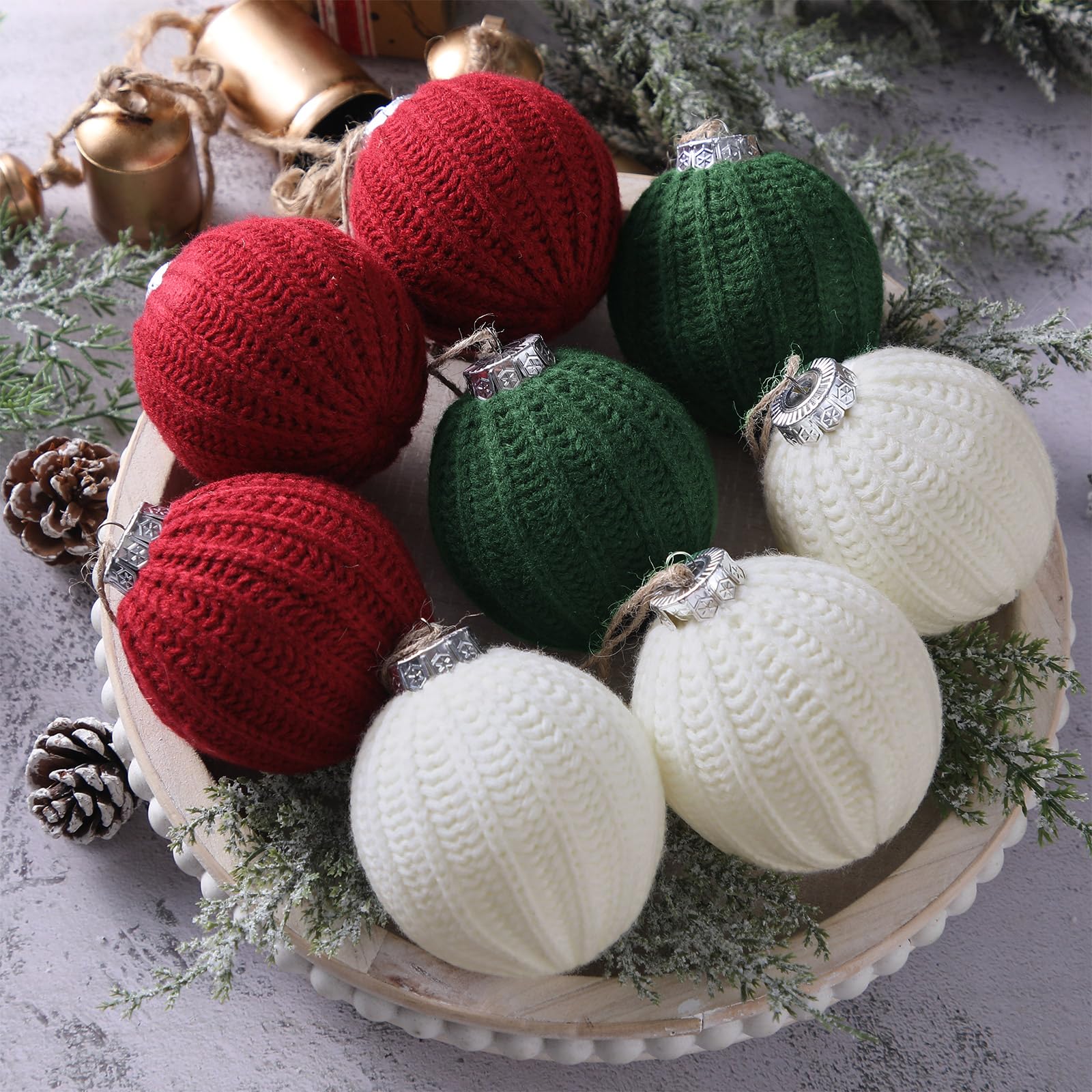 VioraWhite 12 Pcs Red and Green Christmas Ornaments, 3.15 Inch Boho Farmhouse Crochet Christmas Balls Modern Handmade Woven Knit