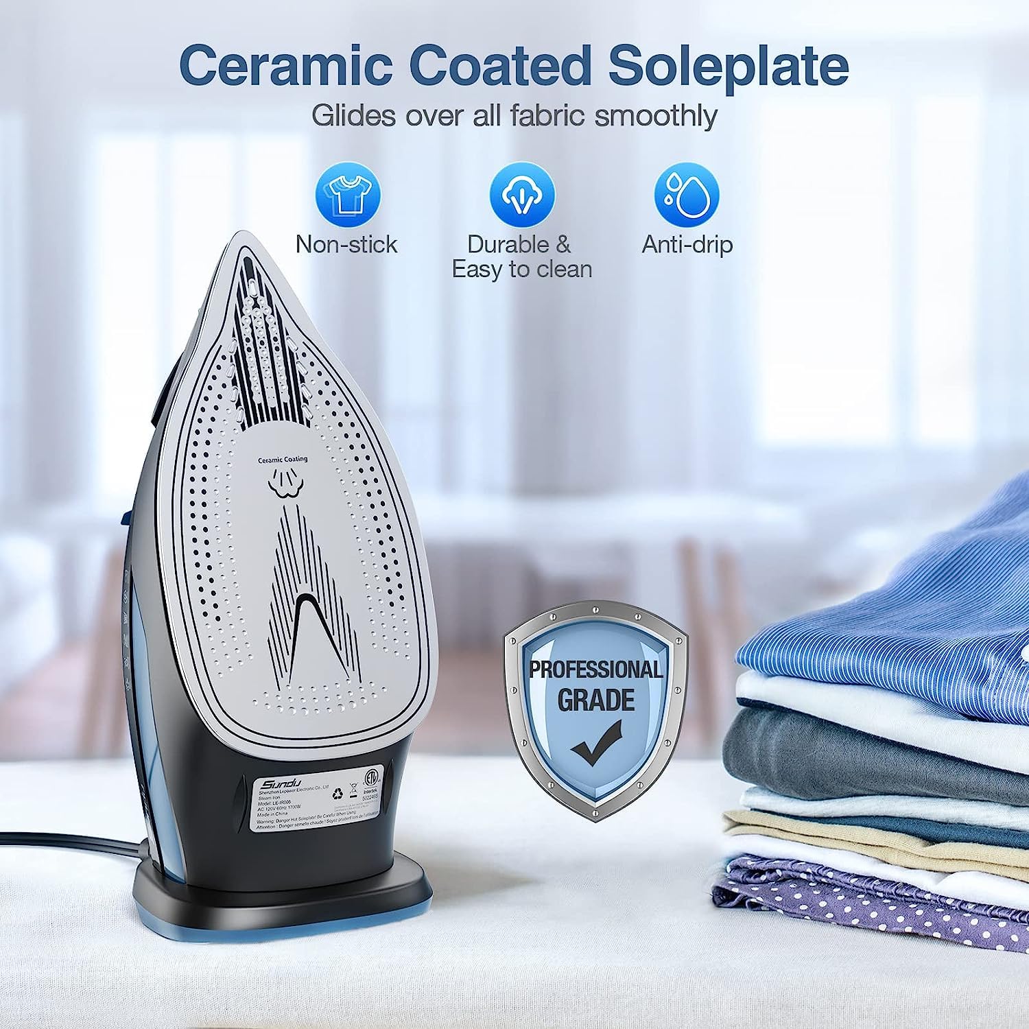 Sundu Steam Iron For Clothes With Rapid Heating Ceramic Coated Soleplate, 1700W With Precise Thermostat Dial, Self-Cleaning, Aut