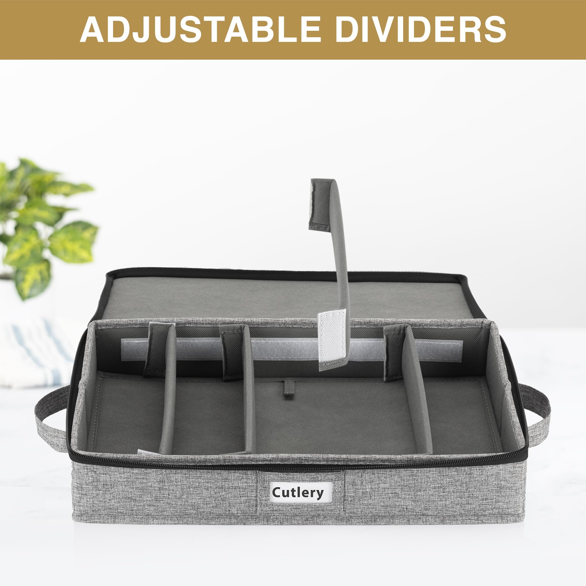 Stozu Flatware Storage Case With 5 Adjustable Compartments - Tableware Utensil Chest With Carrying Handles And Adjustable Divide