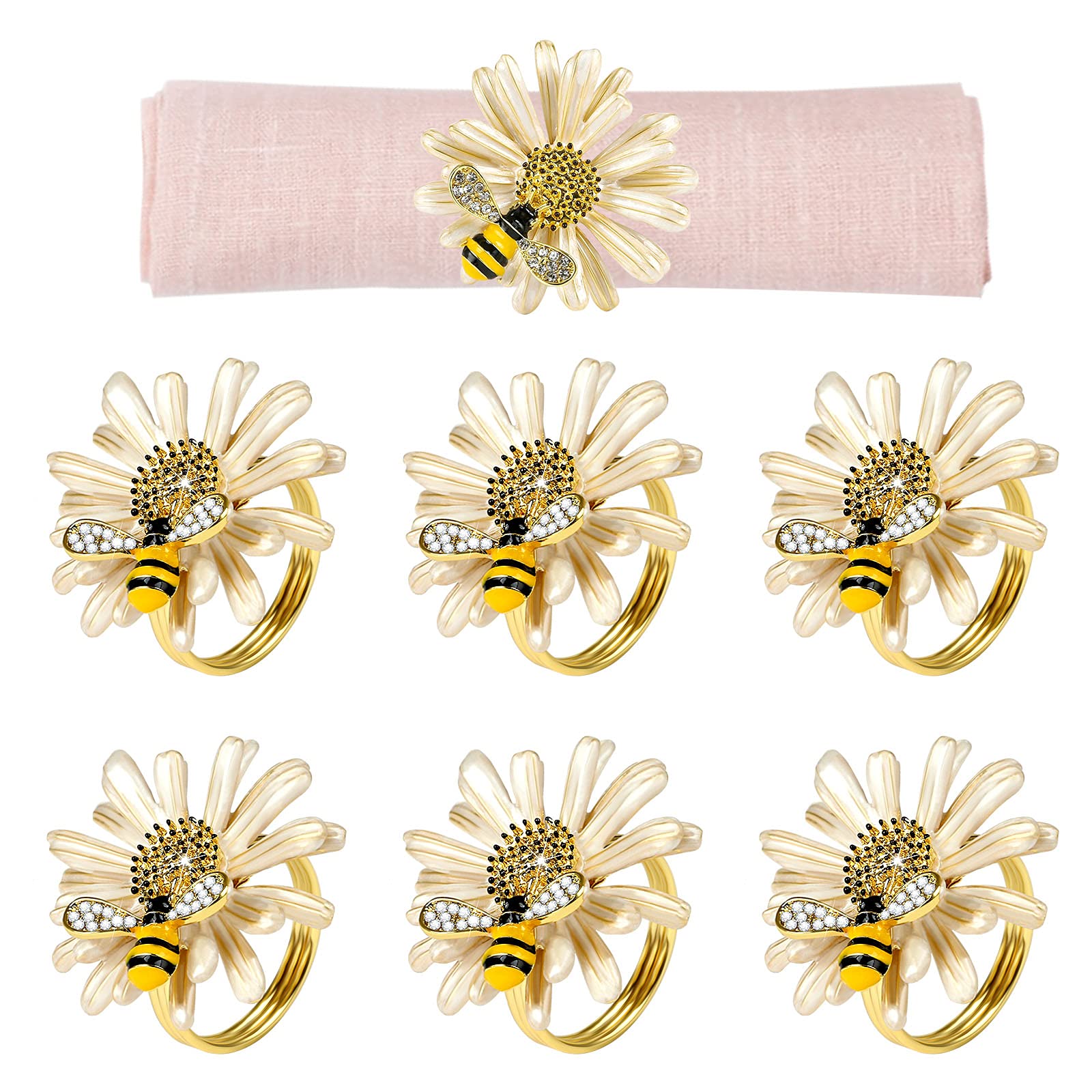 Kesote Daisy Sunflower Napkin Rings Set Of 6, Gold Bee Napkin Ring Holders For Formal Or Casual Dinning Table Decor