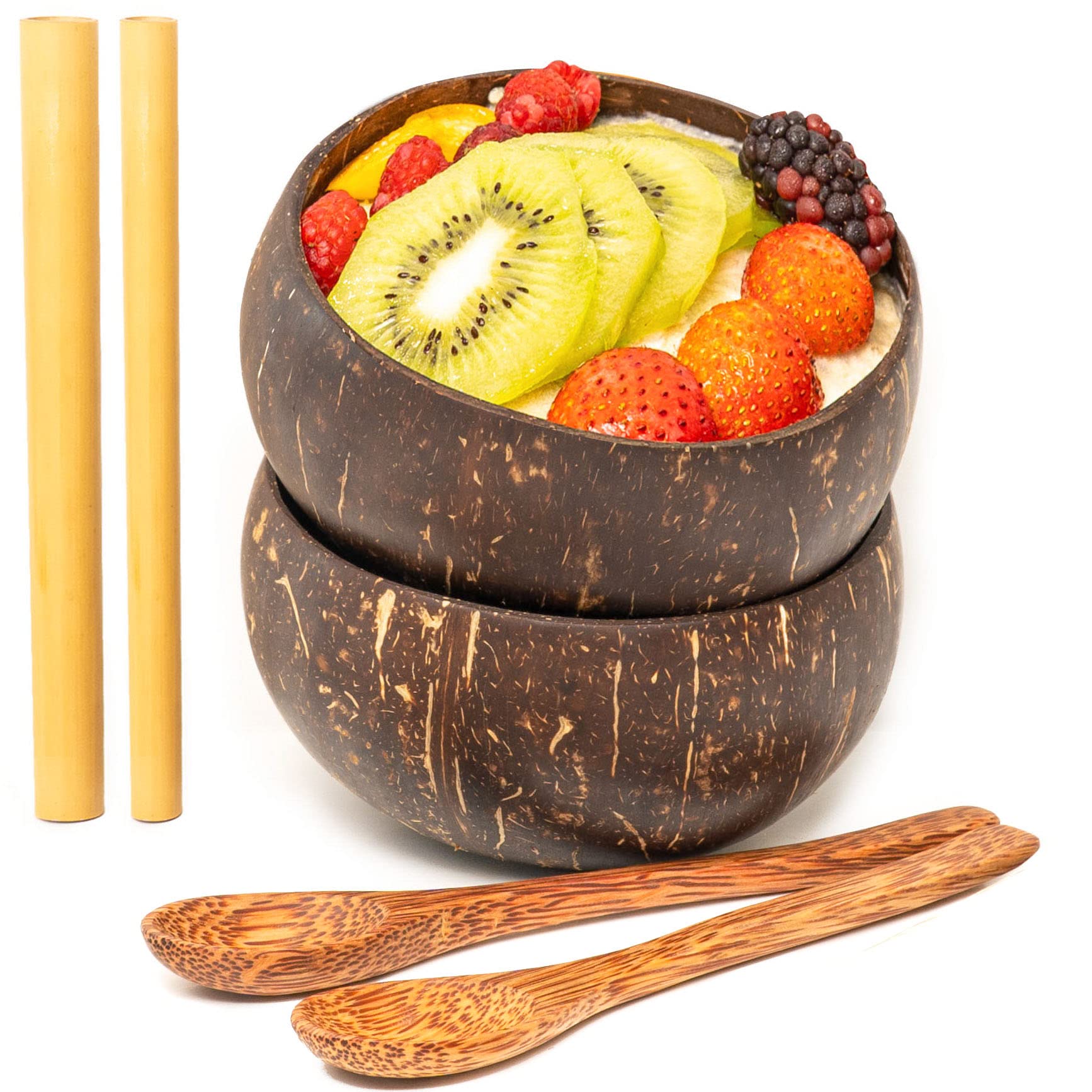Rainforest Bowls Set Of 2 Regular Original Coconut Bowls, 2 Wooden Spoons & 2 Reusable Bamboo Straws - 100% Natural, Hand Carved