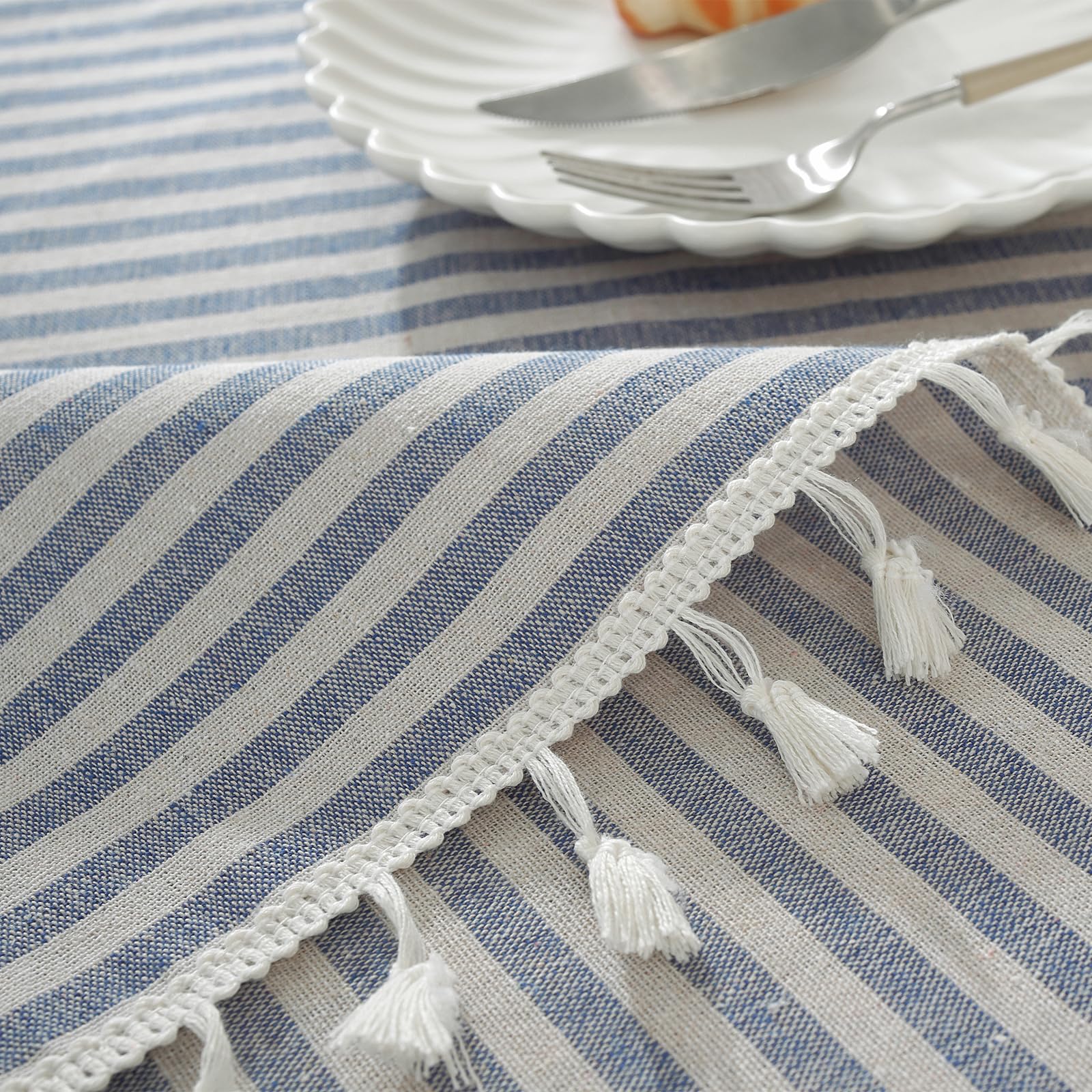 Meioro Table Cloth Blue White Striped Tablecloth With Tassels Cotton Linen Dust-Proof Table Cover For Dining Buffet Kitchen Picn