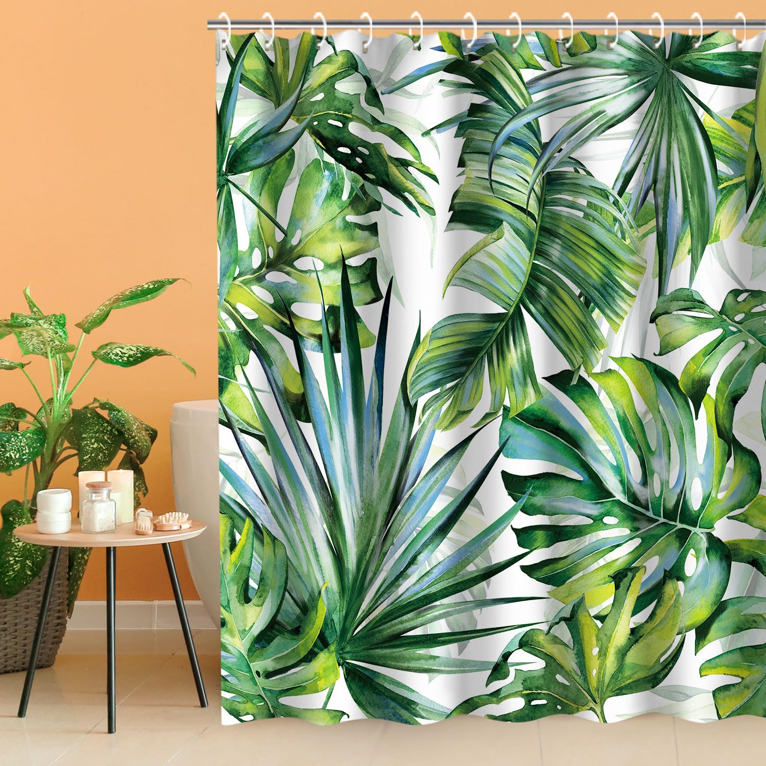 Livilan Tropical Shower Curtain, Green Shower Curtain, Plant Shower Curtain, Leaf Shower Curtain, Botanical Shower Curtain Set W