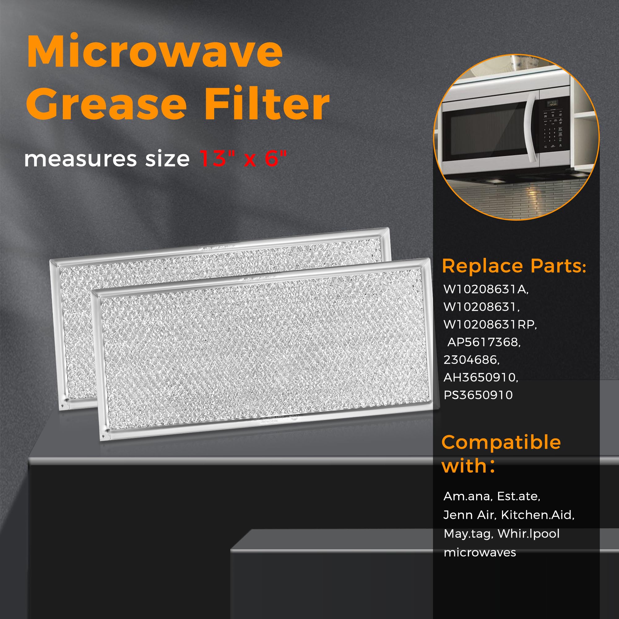 13 X 6'' Microwave Grease Filter By Fetechmate Compatible With Whir-Lpool G-E Microwaves Replace W10208631A Aluminum Mesh Screen