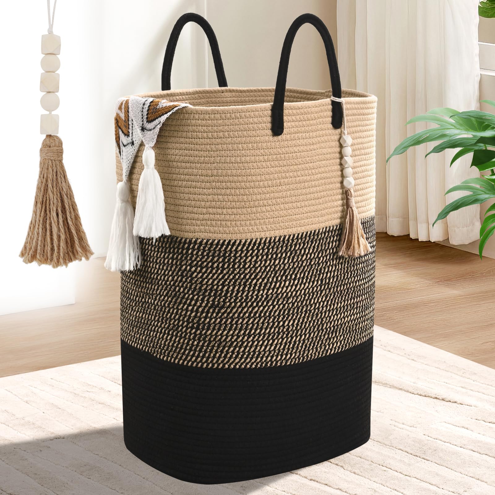 Woven Laundry Basket For Clothes, 80 L Large Rectangle Laundry Hampers With Beads Tassel, Nursery Storage Basket For Toys, Tall