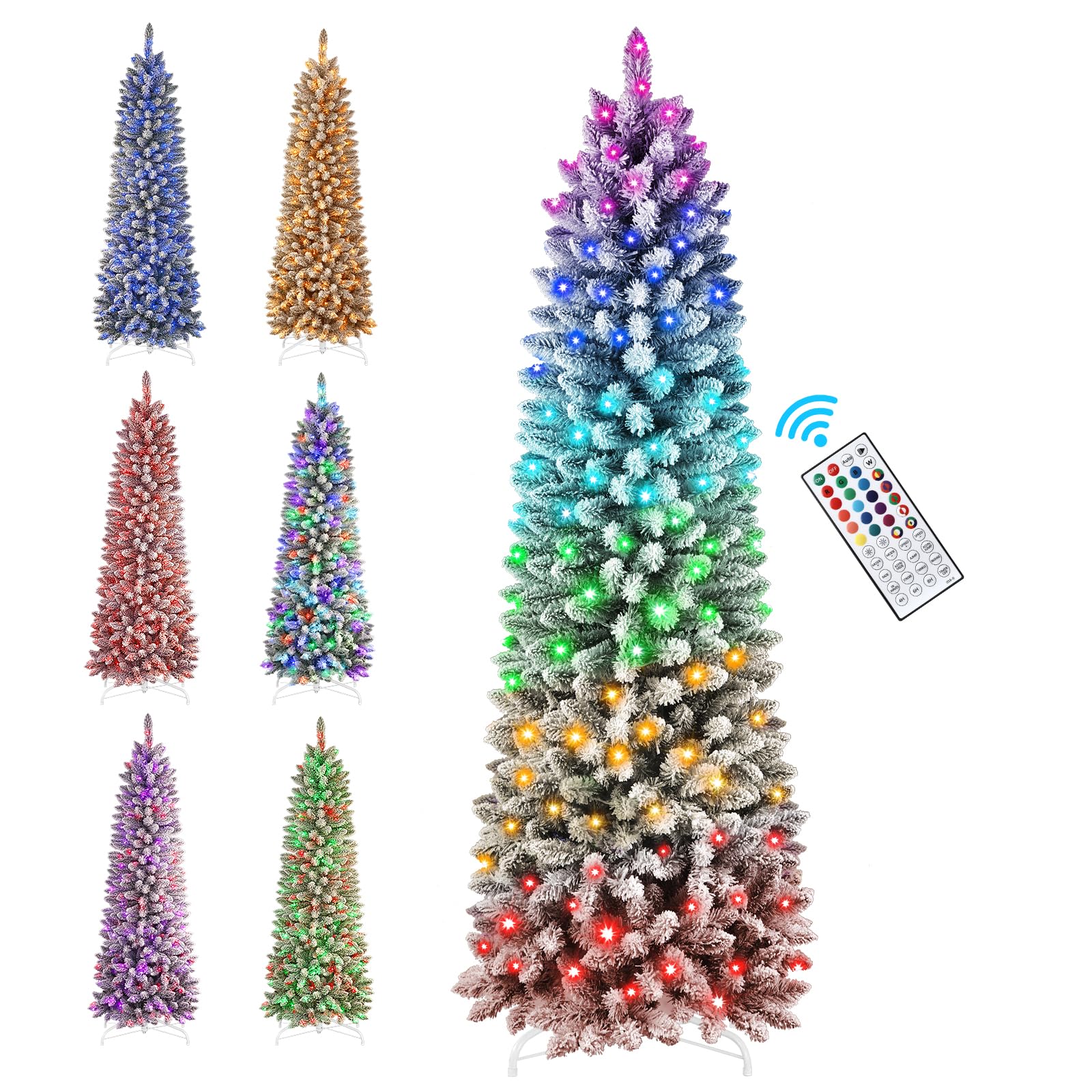 SHareconn 7.5ft Prelit Snow Flocked Artificial Hinged Slim Pencil Christmas Tree, with Remote Controlled Multi-Color RGB Lights,