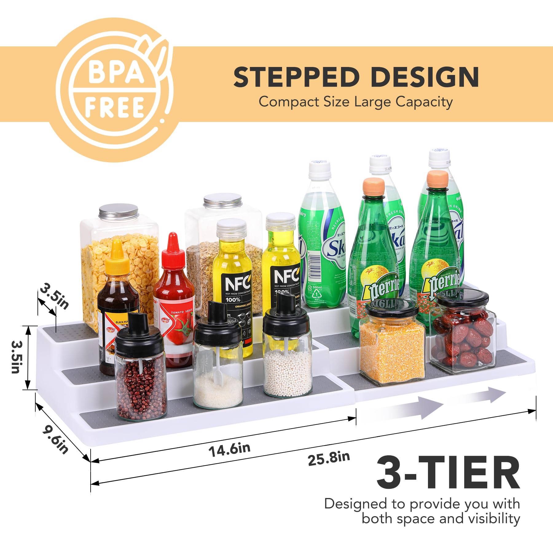 CiWiVOKi 3 Tier Expandable Spice Rack Organizer, White/Grey Plastic Spice Rack, Adjustable Length 14.6In-25.8In, 2 Pack Non-Skid