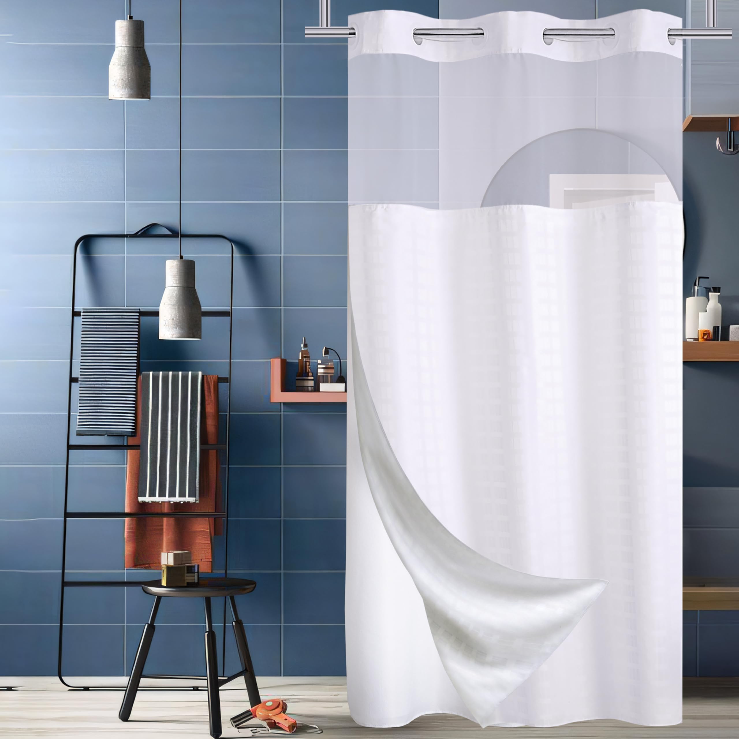 Conbo Mio Hotel Grade Fabric Shower Curtain Small Stall White Shower Curtain with Snap in Liner for Bathroom with See Through Top Window  Spa  Machine Washable (Check-White 36W x 74H)