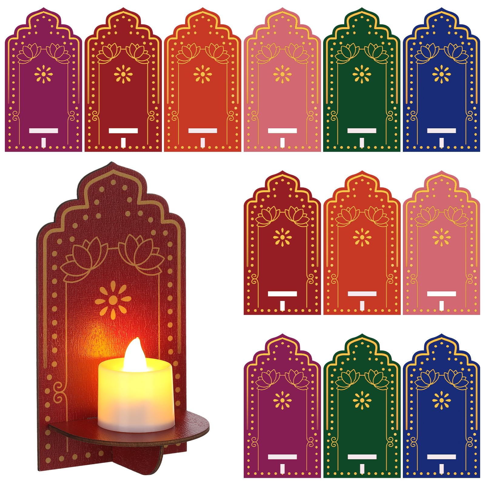 Yerliker 12 Pack Diwali Wall Decor for Home Lotus Wooden Candle Holder for Wall Indian Pooja Items 2.8 x 4 jharokha Rangoli Tea