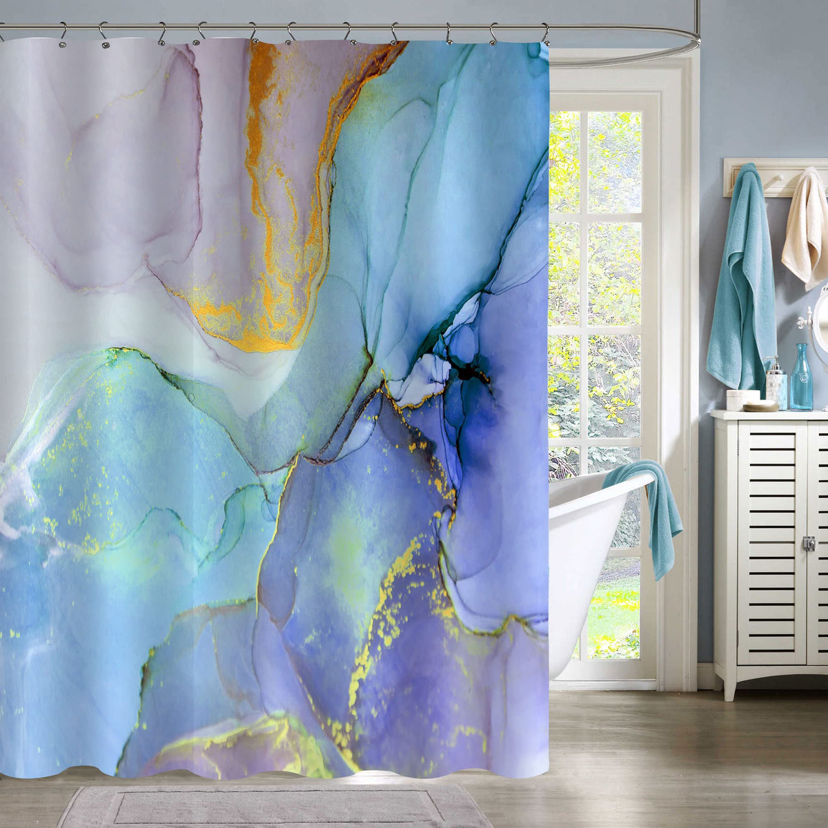 Gibelle Extra Long Shower Curtain 72 X 84, Tall Abstract Marble Fabric Shower Curtain, Blue Purple Jade Texture Gold Stripes Omb