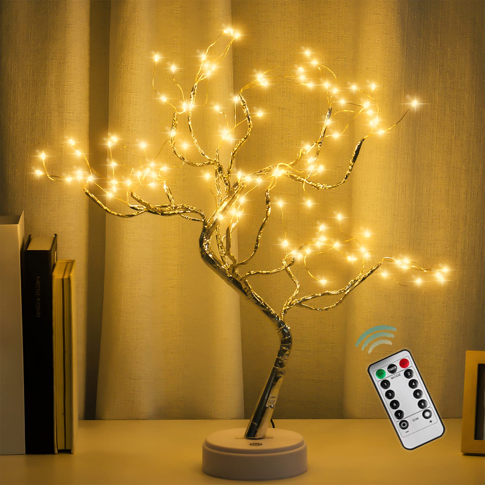 PXBNIUYA 108 LED Sparkly Fairy Tree Lamp, Warm White, Remote Control, USB/Battery, 8 Modes, DIY Bonsai Decor, Festival Decoratio