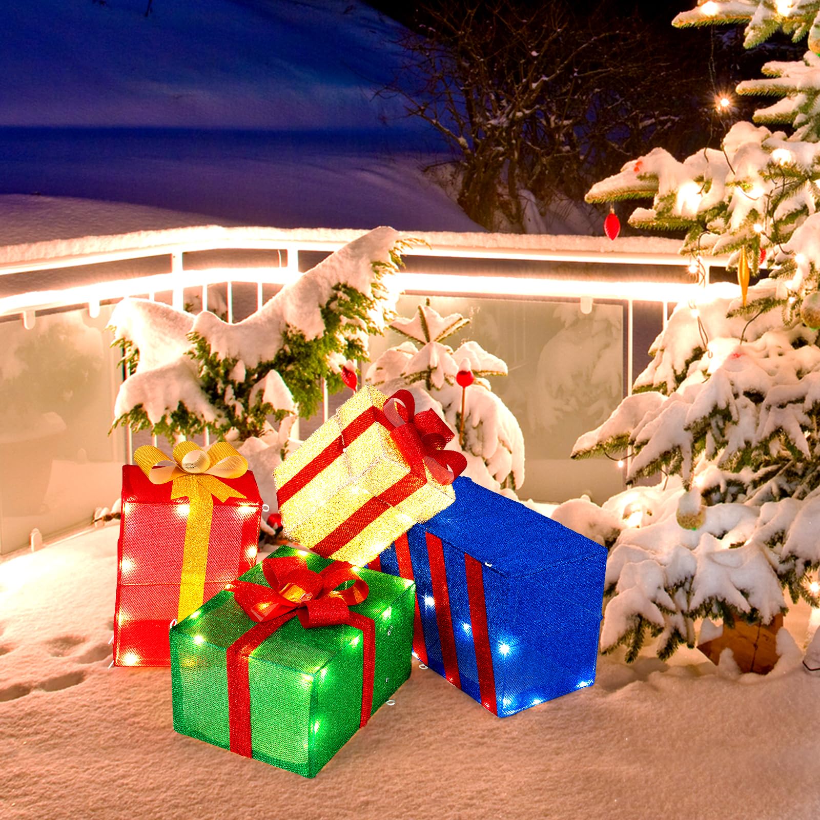 Tangkula 4 Ft Stackable Gift Boxes, Set of 4 Stacked Boxes with Warm White LED Lights, Festive Bows, 2 Display Methods, Pre-lit