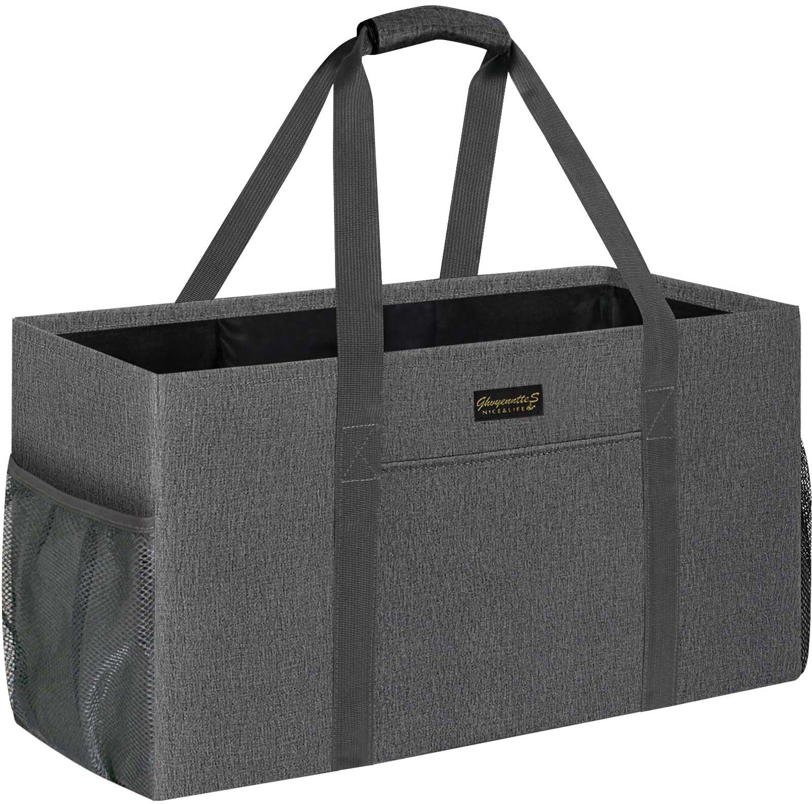 Ghvyennttes Extra Large Utility Tote Bag, Stand Up Utility Tote With Metal Wire Frame & Hard Bottom Board, Reusable Grocery Bags