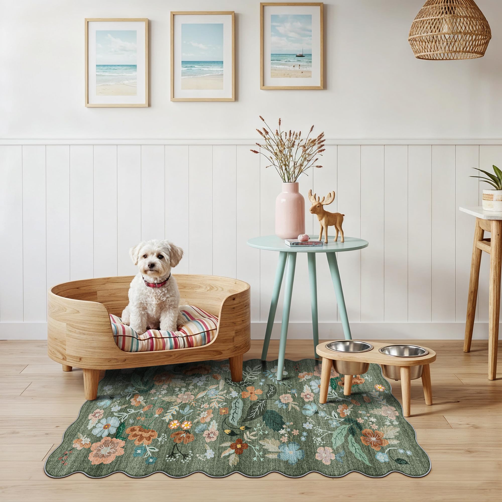 Washable Floral 2x4 Area Rug: Indoor Soft Scalloped Carpet for Entryway Kitchen Non-Slip Water Resistant Bathroom Laundry Floor