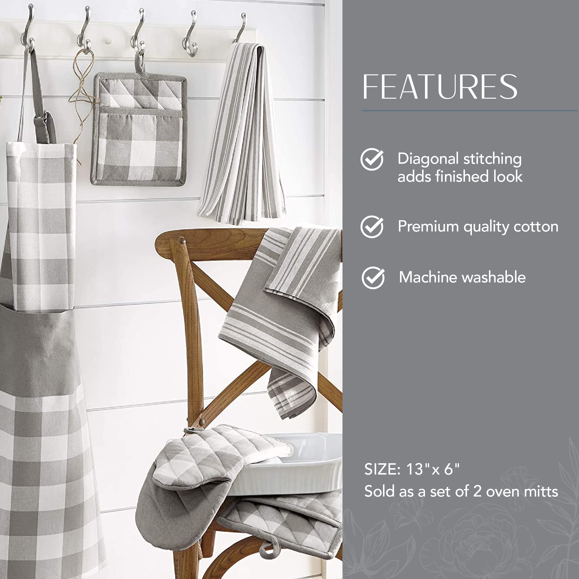 Elrene Home Fashions Farmhouse Living Buffalo Check Oven Mitt Pair, 13''X6'', Gray/White 2